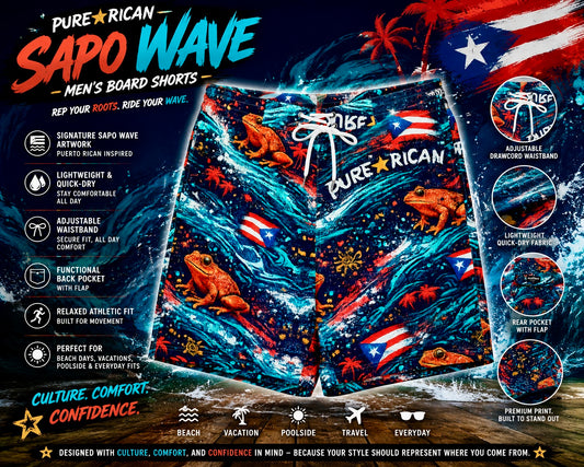 Front view of Pure⭐️Rican Sapo Wave Men’s Board Shorts featuring bold Puerto Rican-inspired artwork with Sapo Concho frog graphics, flowing ocean textures, Puerto Rican flags, adjustable drawcord waistband, quick-dry fabric, and premium tropical beach-themed product feature design.