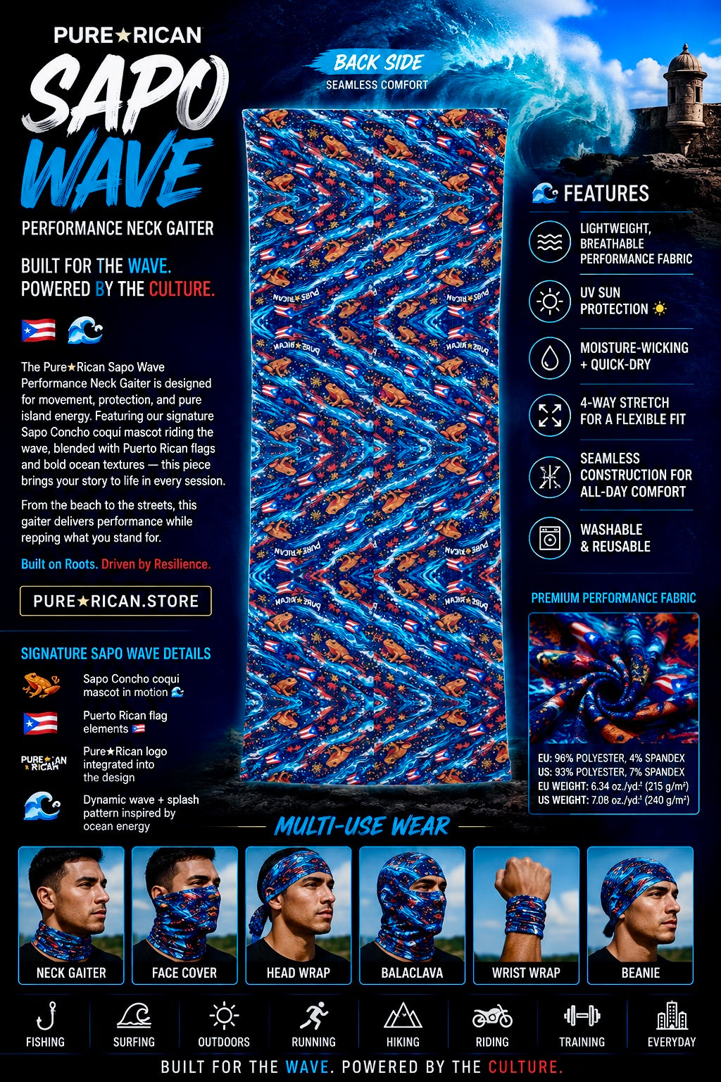 Premium back-side product image of the Pure⭐️Rican Sapo Wave Performance Neck Gaiter featuring seamless ocean-inspired artwork, Puerto Rican flag accents, Sapo Concho frog details, breathable fabric, UV sun protection, quick-dry performance, and multi-use versatility.