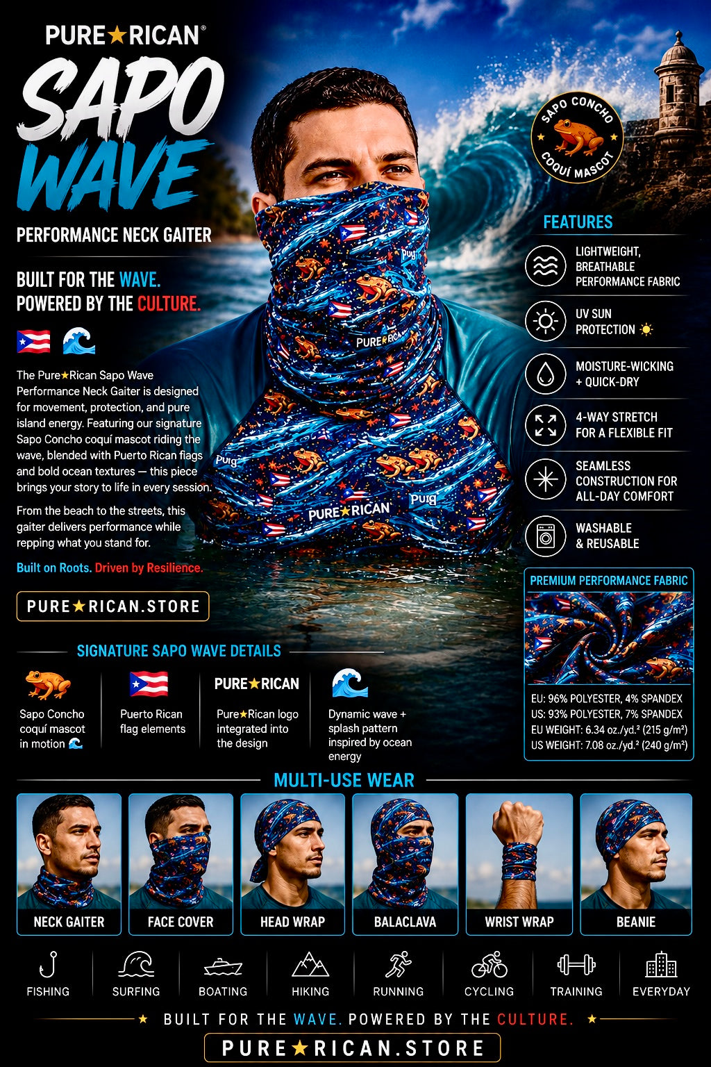 Lifestyle beach image of a model wearing the Pure⭐️Rican Sapo Wave Performance Neck Gaiter in ocean water, showcasing the front design with Puerto Rican flag details, Sapo Concho frog artwork, breathable performance fabric, and island-inspired style.