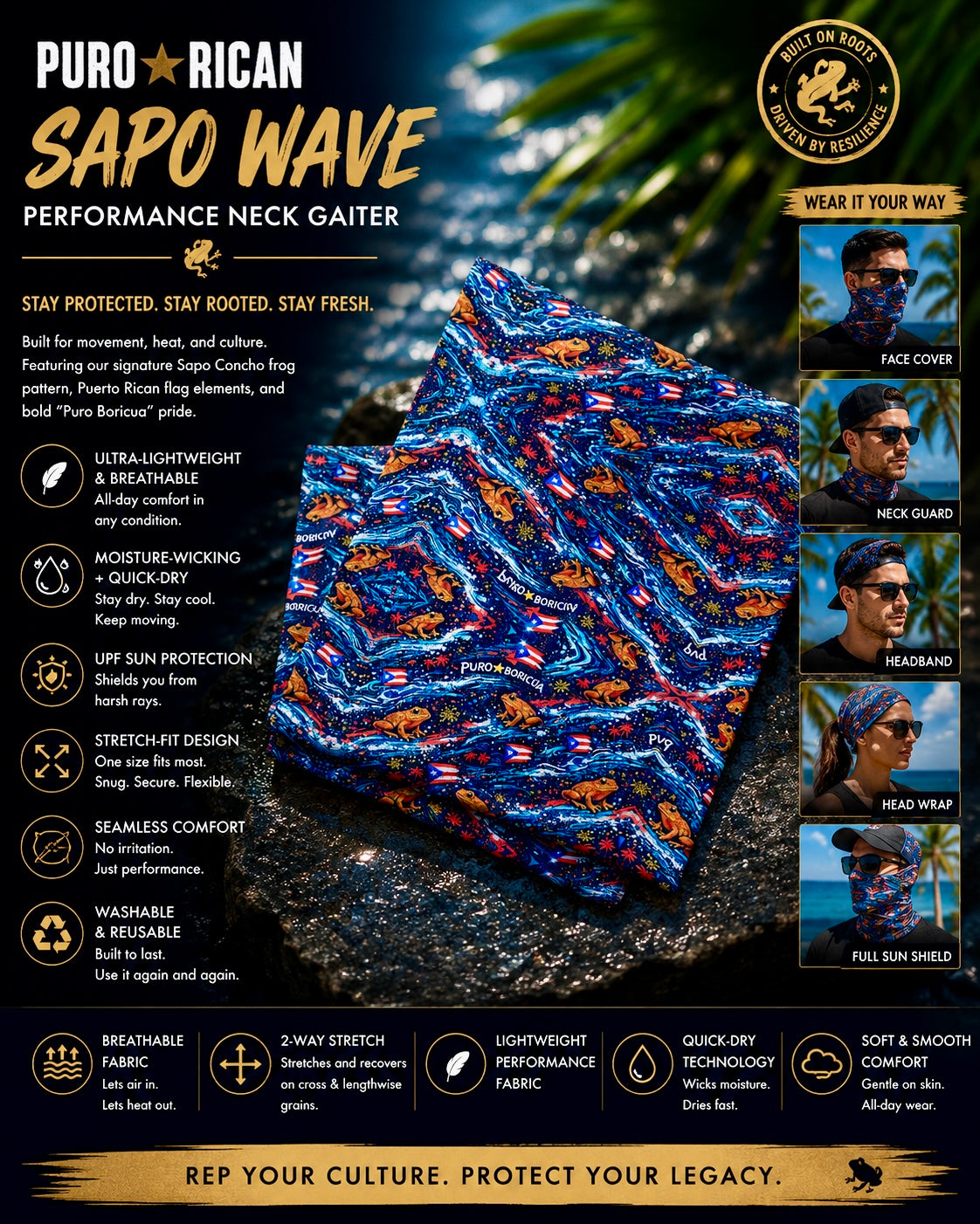 Folded flat product view of the Pure⭐️Rican Sapo Wave Performance Neck Gaiter showcasing detailed Sapo Wave tropical artwork, Puerto Rican flag accents, Sapo Concho frog design, lightweight breathable fabric, and versatile face and neck coverage for outdoor use.