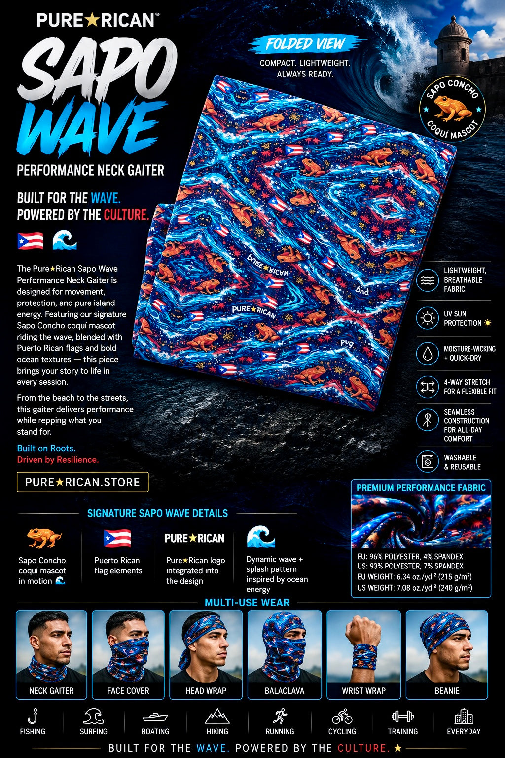 Folded product view of the Pure⭐️Rican Sapo Wave Performance Neck Gaiter showcasing premium lightweight fabric, compact travel-ready design, Puerto Rican-inspired artwork, Sapo Concho frog mascot details, and ocean wave pattern.