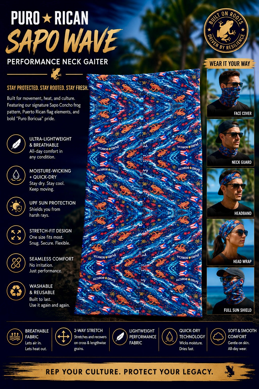 Front flat product view of the Pure⭐️Rican Sapo Wave Performance Neck Gaiter featuring vibrant Sapo Wave artwork with Sapo Concho frogs, Puerto Rican flag details, bold Puro⭐️Boricua elements, breathable stretch fabric, and premium multi-use face and neck protection.