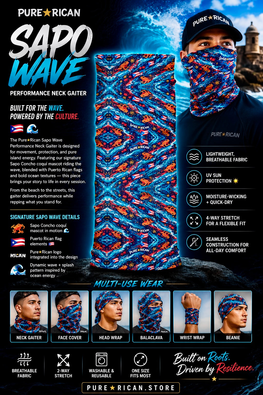 Premium front-side product image of the Pure⭐️Rican Sapo Wave Performance Neck Gaiter featuring Puerto Rican flag details, Sapo Concho frog artwork, ocean wave textures, breathable performance fabric, UV protection, moisture-wicking comfort, and multi-use wear functionality.