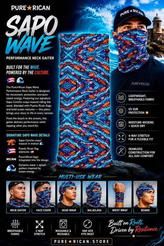 Premium front-side product image of the Pure⭐️Rican Sapo Wave Performance Neck Gaiter featuring Puerto Rican flag details, Sapo Concho frog artwork, ocean wave textures, breathable performance fabric, UV protection, moisture-wicking comfort, and multi-use wear functionality.