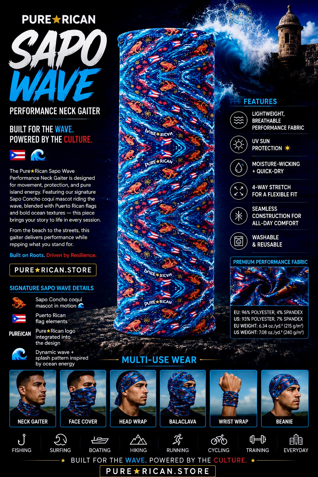 Full product display of the Pure⭐️Rican Sapo Wave Performance Neck Gaiter featuring signature Sapo Wave artwork, Puerto Rican flags, breathable stretch fabric, seamless comfort, moisture-wicking performance, and all-day multi-use wear.