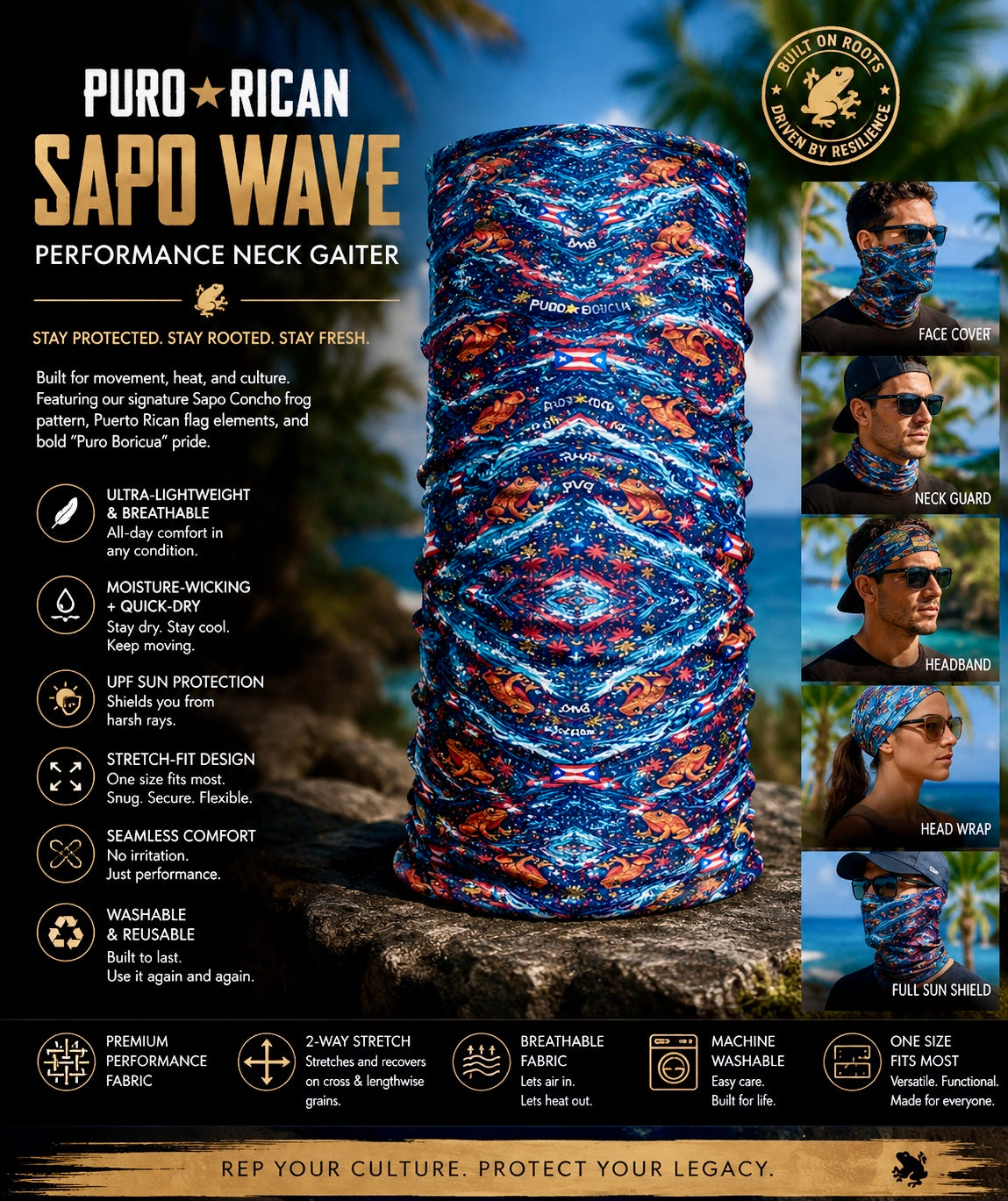 Premium lifestyle promotional image of the Pure⭐️Rican Sapo Wave Performance Neck Gaiter highlighting face protection, UPF sun coverage, breathable quick-dry fabric, and multi-wear versatility with model examples including face cover, neck guard, headband, head wrap, and bandana styles.