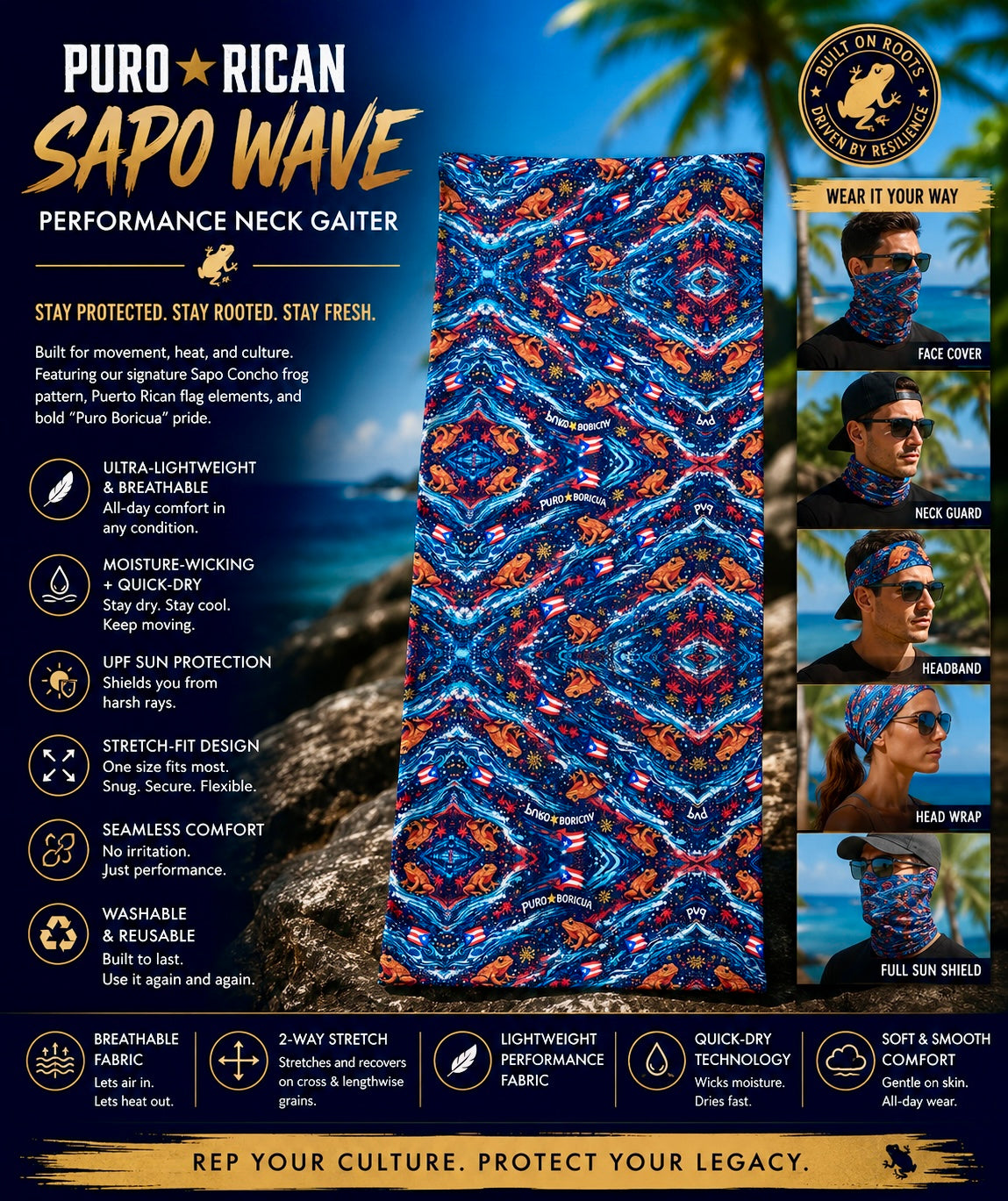 Premium complementary product poster showcasing the Pure⭐️Rican Sapo Wave Performance Neck Gaiter front flat view featuring Sapo Concho frog artwork, Puerto Rican flag details, breathable fabric, moisture-wicking performance, UPF sun protection, and multi-wear styling options including face cover, neck guard, headband, and full sun shield.