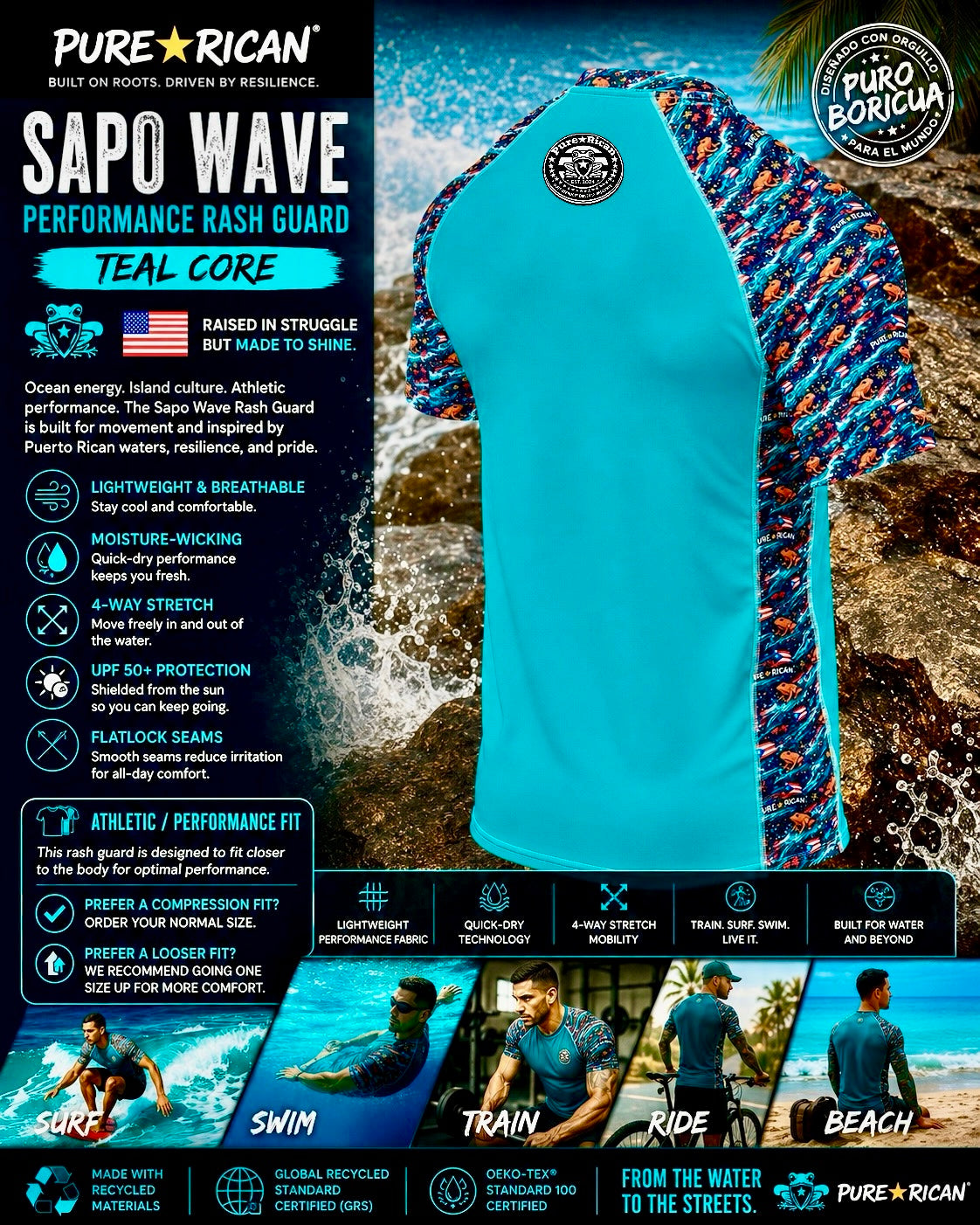 Back angled view of the Pure⭐️Rican Sapo Wave Performance Rash Guard – Teal Core highlighting the athletic fit, Sapo Wave side panels, Puerto Rican-inspired artwork, and back neck Pure⭐️Rican seal.