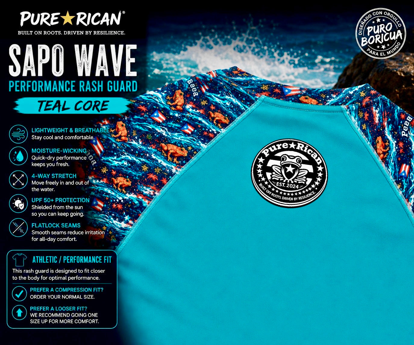 Close-up detail of the Pure⭐️Rican Sapo Wave Performance Rash Guard back neck logo featuring the Pure⭐️Rican seal, teal core fabric, and signature Puerto Rican-inspired Sapo Wave pattern.
