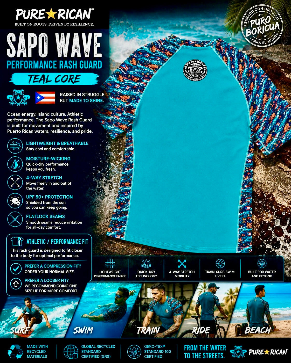 Back view of the Pure⭐️Rican Sapo Wave Performance Rash Guard – Teal Core featuring signature Sapo Wave sleeves, Puerto Rican-inspired design, sculpted athletic fit, and back neck Pure⭐️Rican seal logo.