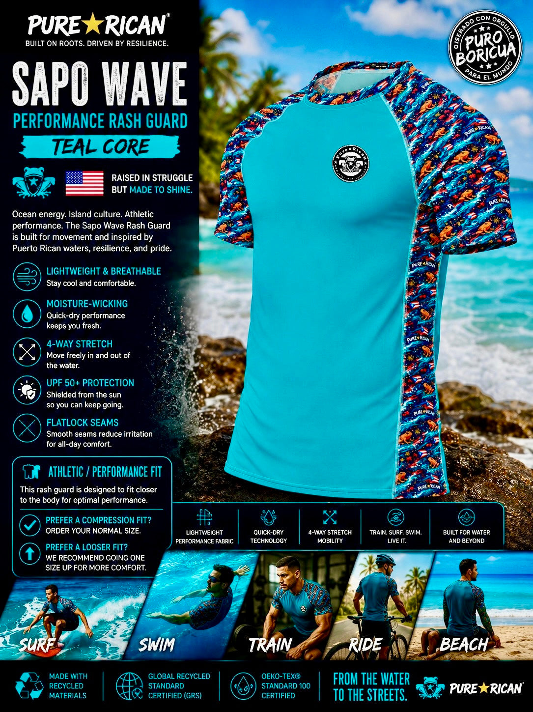 Angled front product image of the Pure⭐️Rican Sapo Wave Performance Rash Guard – Teal Core showcasing teal body, signature patterned sleeves, Puerto Rican-inspired graphics, and premium athletic silhouette.