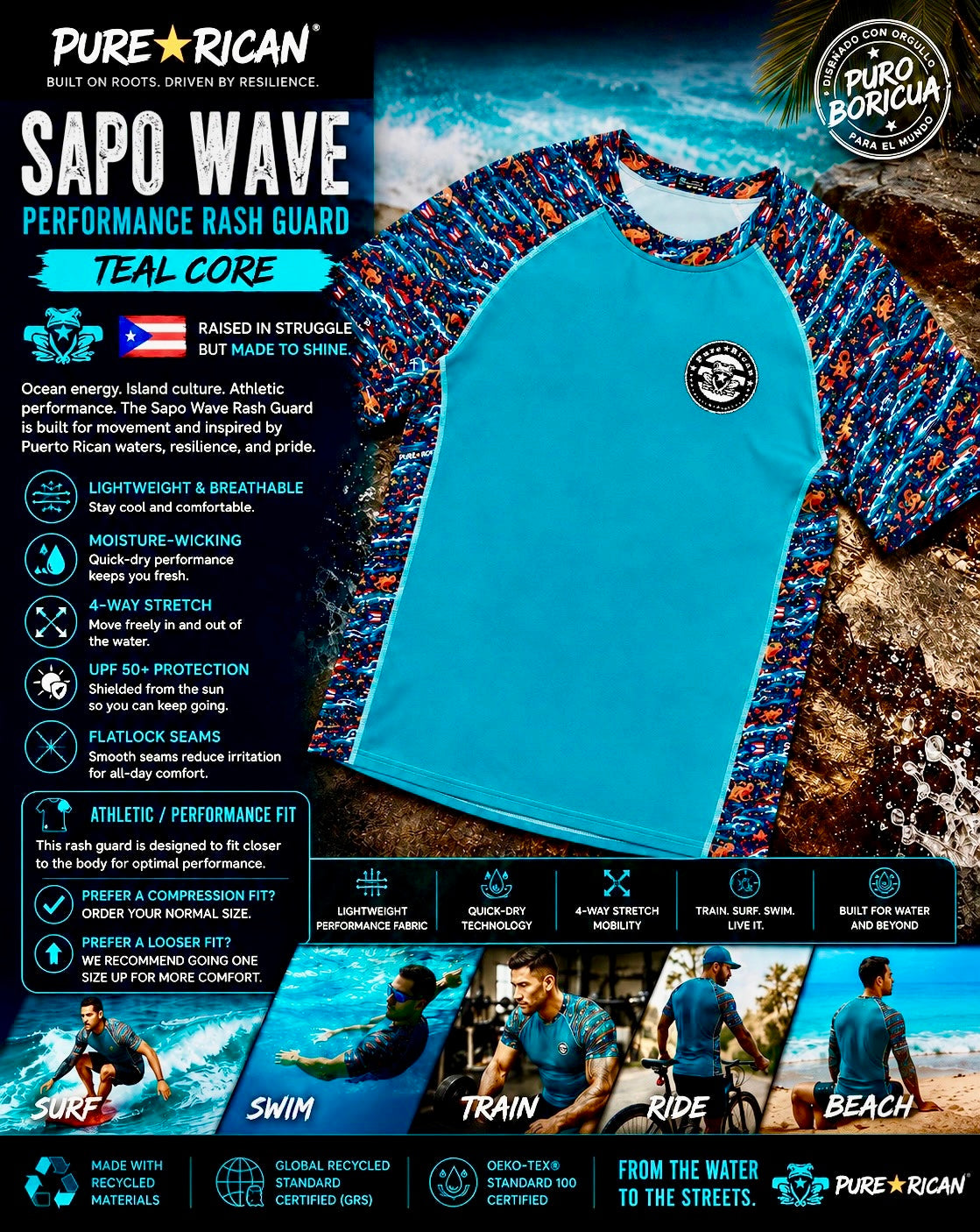Pure⭐️Rican Sapo Wave Performance Rash Guard – Teal Core front product image featuring teal body with signature Sapo Wave sleeves, Puerto Rican-inspired artwork, Sapo Concho details, and athletic performance fit.