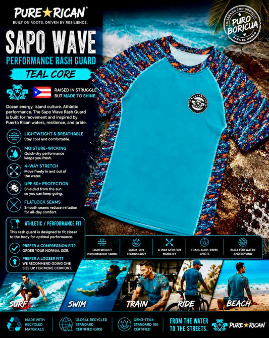 Pure⭐️Rican Sapo Wave Performance Rash Guard – Teal Core front product image featuring teal body with signature Sapo Wave sleeves, Puerto Rican-inspired artwork, Sapo Concho details, and athletic performance fit.