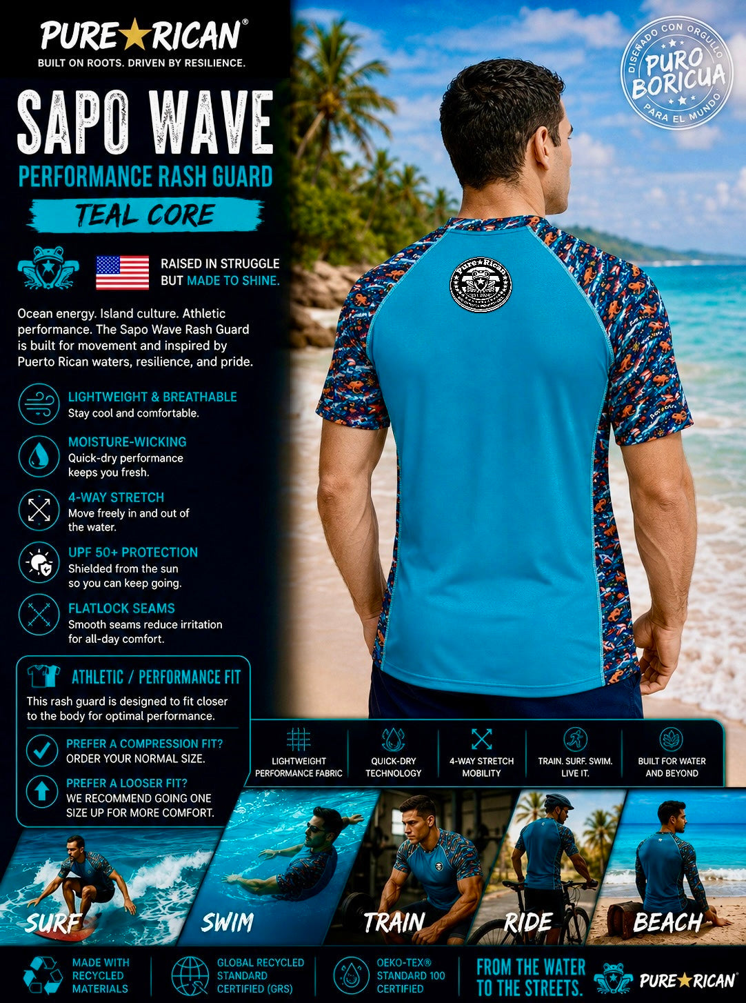 Back view of male model wearing the Pure⭐️Rican Sapo Wave Performance Rash Guard – Teal Core at the beach, highlighting back logo placement, athletic silhouette, and Sapo Wave sleeve pattern.