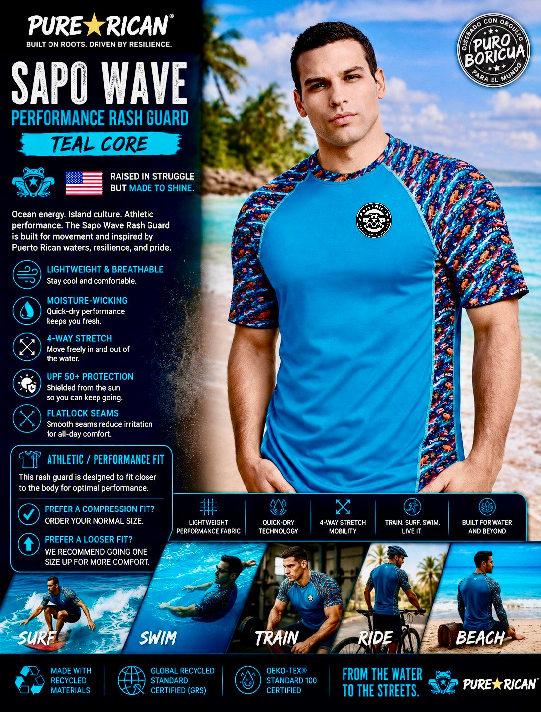 Male model wearing the Pure⭐️Rican Sapo Wave Performance Rash Guard – Teal Core at the beach, showcasing athletic fit, Puerto Rican-inspired sleeves, teal body, and premium performance style.