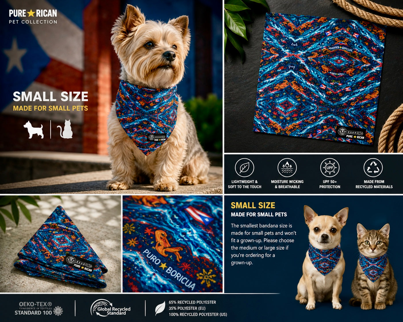 Small Pure⭐️Rican Sapo Wave all-over print bandana designed for small pets, featuring a premium lifestyle dog model, folded product view, fabric close-up, breathable recycled material details, and Puerto Rican-inspired pattern.