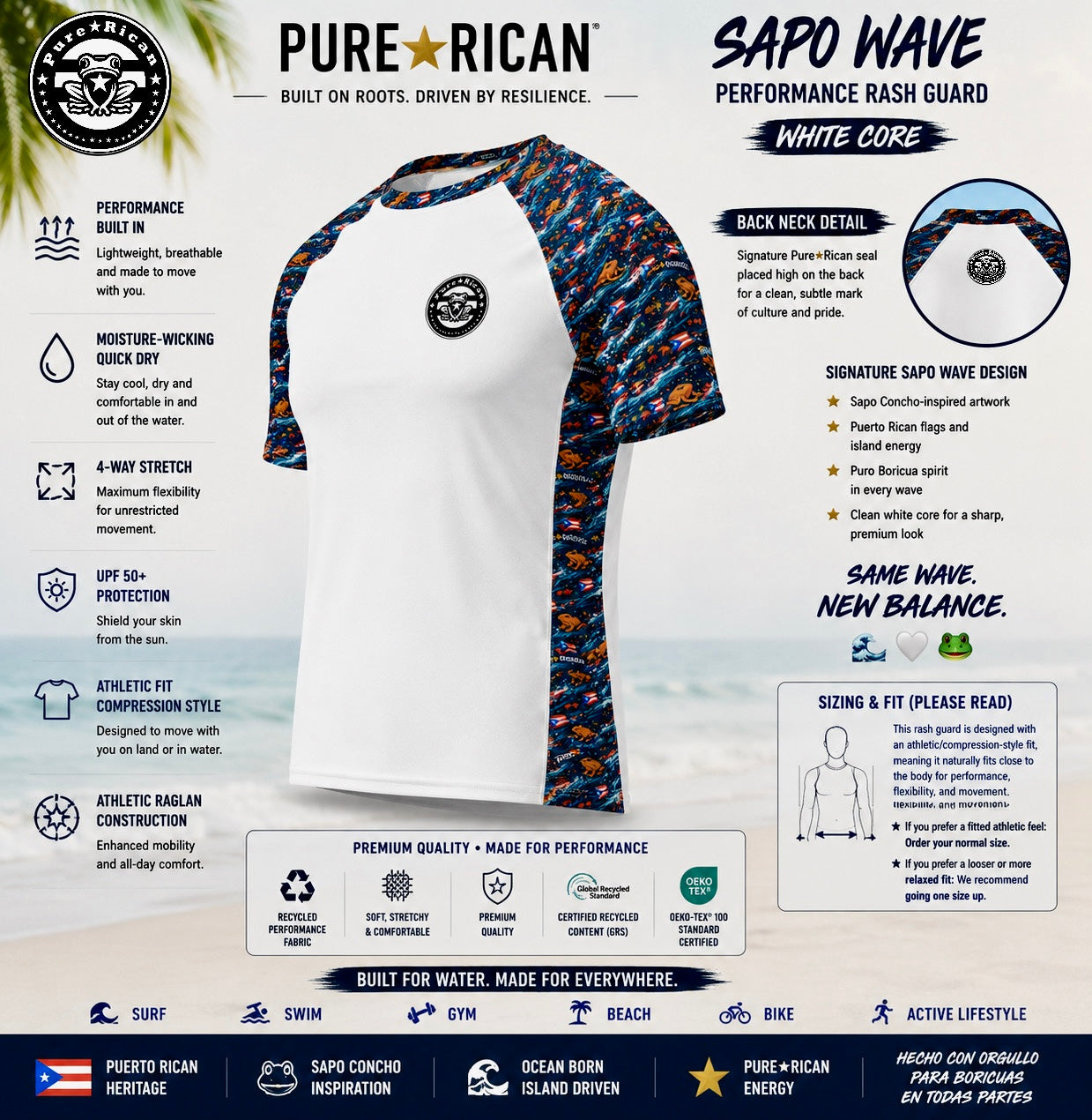 Angled front view of the Pure⭐️Rican Sapo Wave White Core rash guard featuring white body core, Puerto Rican-inspired Sapo Wave sleeves, athletic raglan construction, quick-dry fabric, and Sapo Concho chest logo.