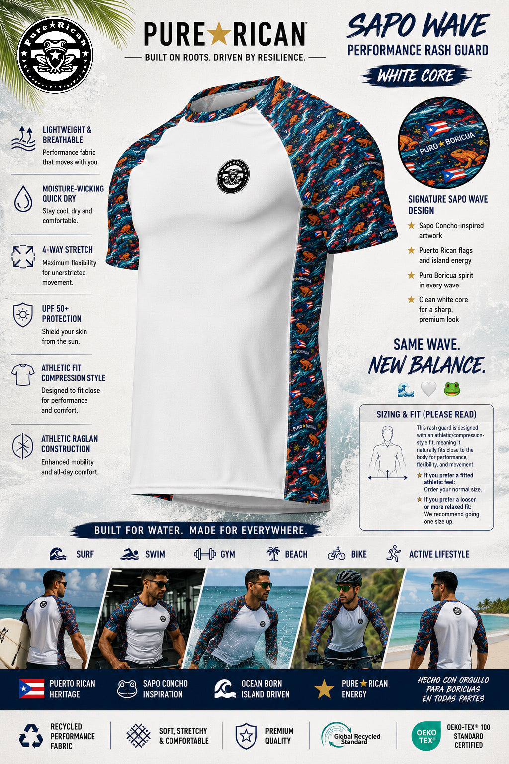 Angled side-view image of the Pure⭐️Rican Sapo Wave White Core Performance Rash Guard featuring raglan sleeve construction, athletic fit, Puerto Rican-inspired Sapo Wave artwork, breathable moisture-wicking fabric, and premium performance activewear styling.