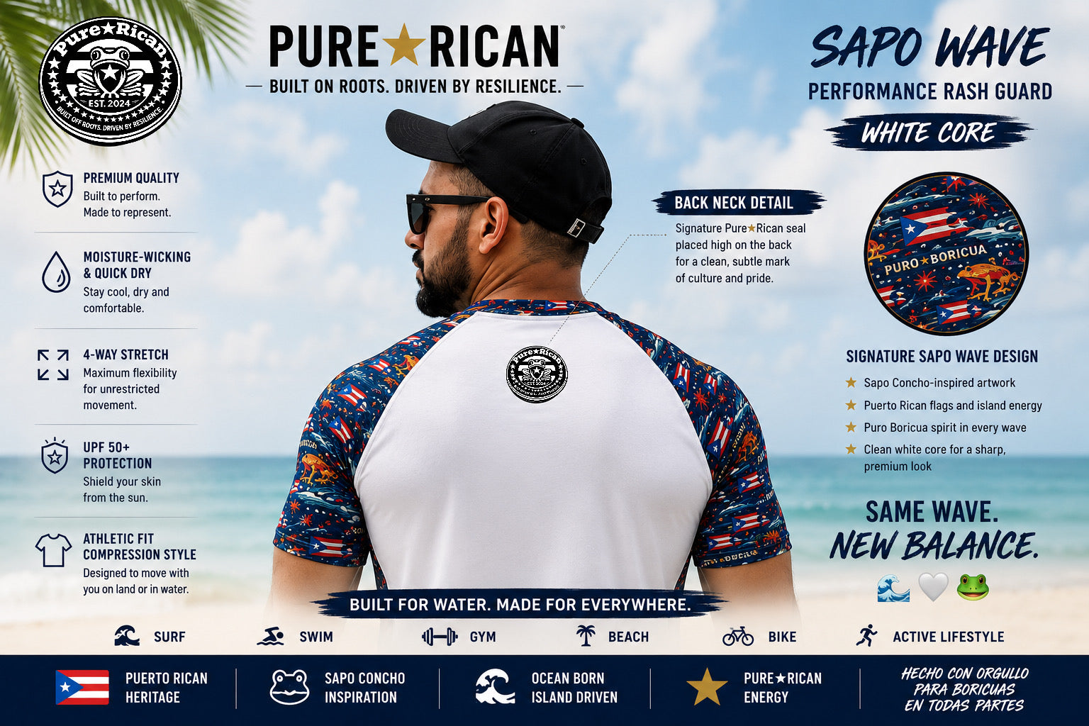 Back product feature image of the Pure⭐️Rican Sapo Wave White Core Performance Rash Guard showcasing rear design, back seal logo placement, Sapo Wave sleeves, Puerto Rican-inspired artwork, athletic compression fit, breathable performance fabric, and active lifestyle performance features.