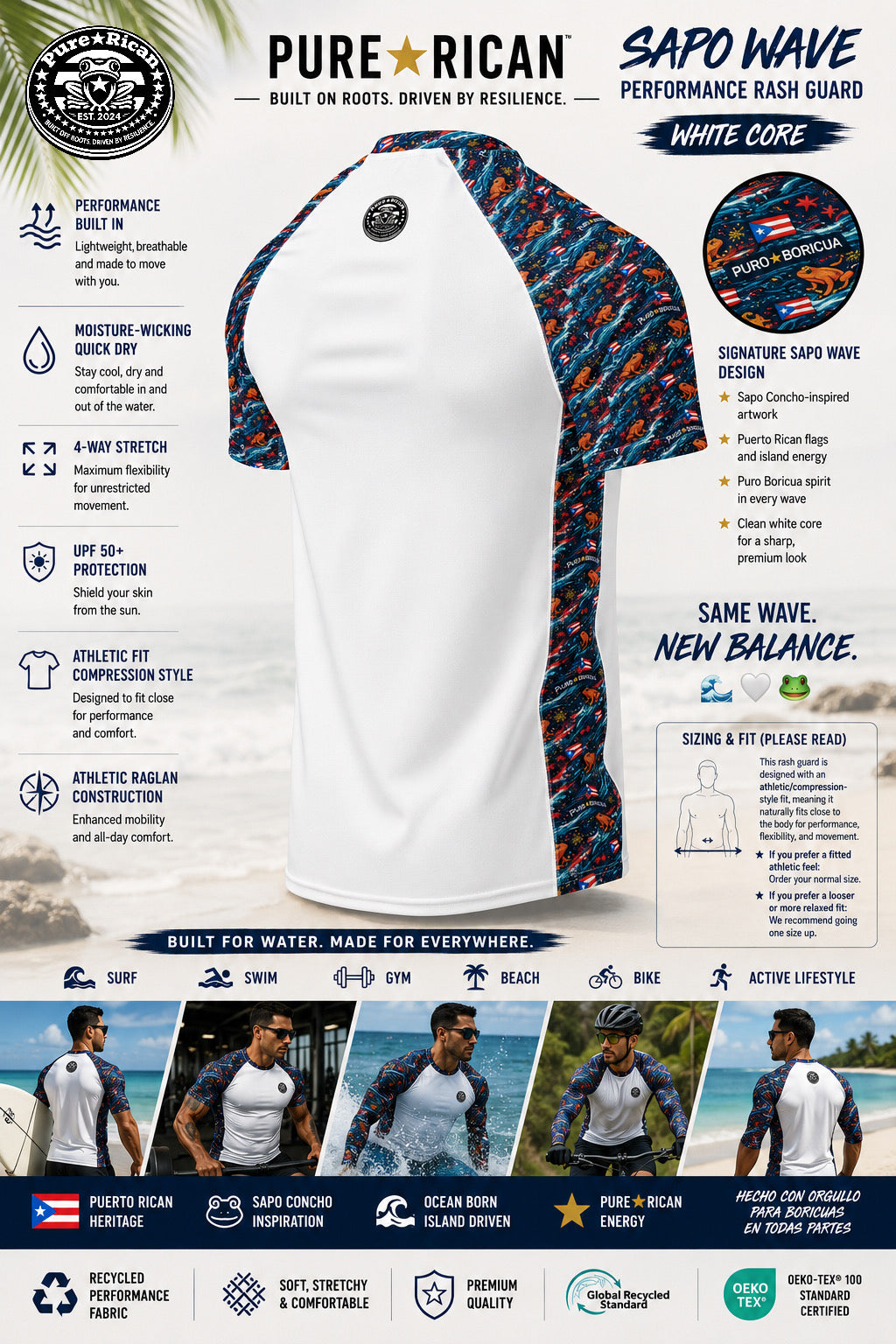 Close-up image of the Pure⭐️Rican Sapo Wave White Core Rash Guard upper back neck logo detail featuring signature Pure⭐️Rican seal branding, premium stitching, white core body, and Puerto Rican-inspired Sapo Wave pattern accents.