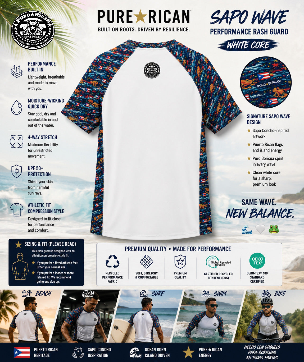 Back-view promotional image of the Pure⭐️Rican Sapo Wave White Core Performance Rash Guard showcasing rear logo placement, signature Sapo Wave sleeve design, Puerto Rican-inspired graphics, lightweight breathable fabric, compression-style athletic fit, and premium activewear construction.
