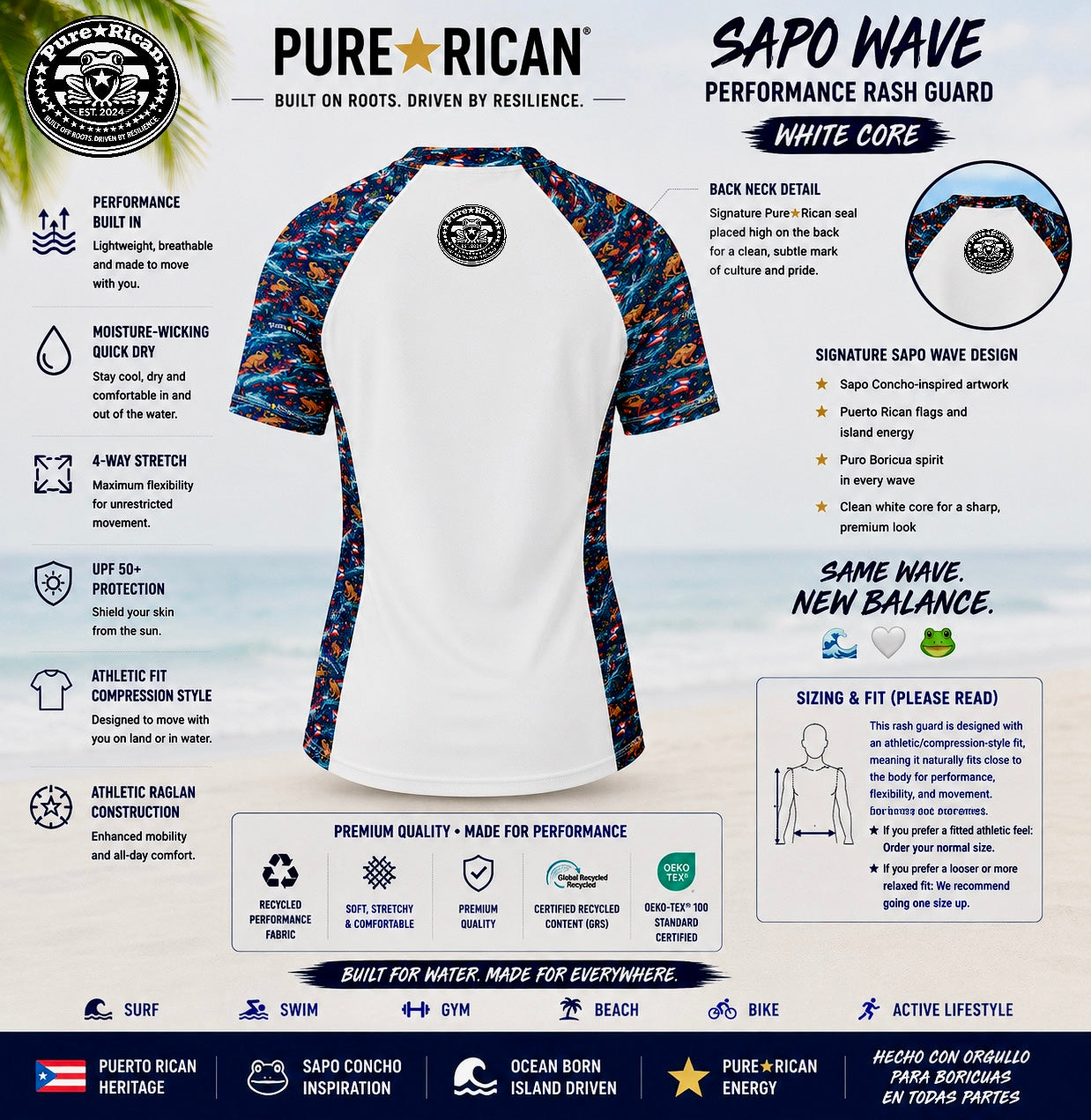 Back view of the Pure⭐️Rican Sapo Wave White Core rash guard showcasing signature back neck Pure⭐️Rican seal, Puerto Rican-inspired sleeve pattern, athletic compression fit, and premium quick-dry performance material.