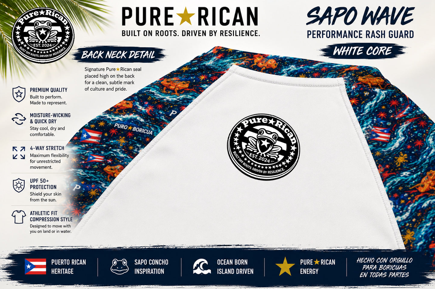 Beach lifestyle image of a male model wearing the Pure⭐️Rican Sapo Wave White Core Performance Rash Guard featuring upper back logo detail, Puerto Rican-inspired sleeves, premium athletic fit, and performance beachwear styling.