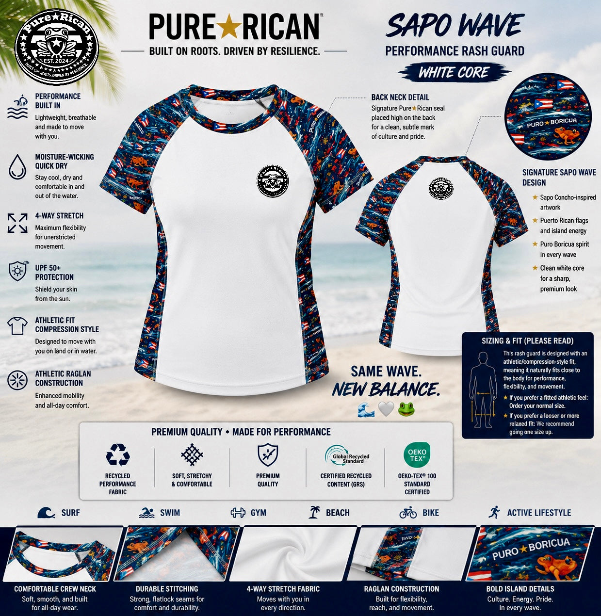 Front and back view of the Pure⭐️Rican Sapo Wave White Core Performance Rash Guard featuring signature Sapo Wave Puerto Rican pattern, back neck branding detail, athletic compression fit, moisture-wicking fabric, and premium performance construction.