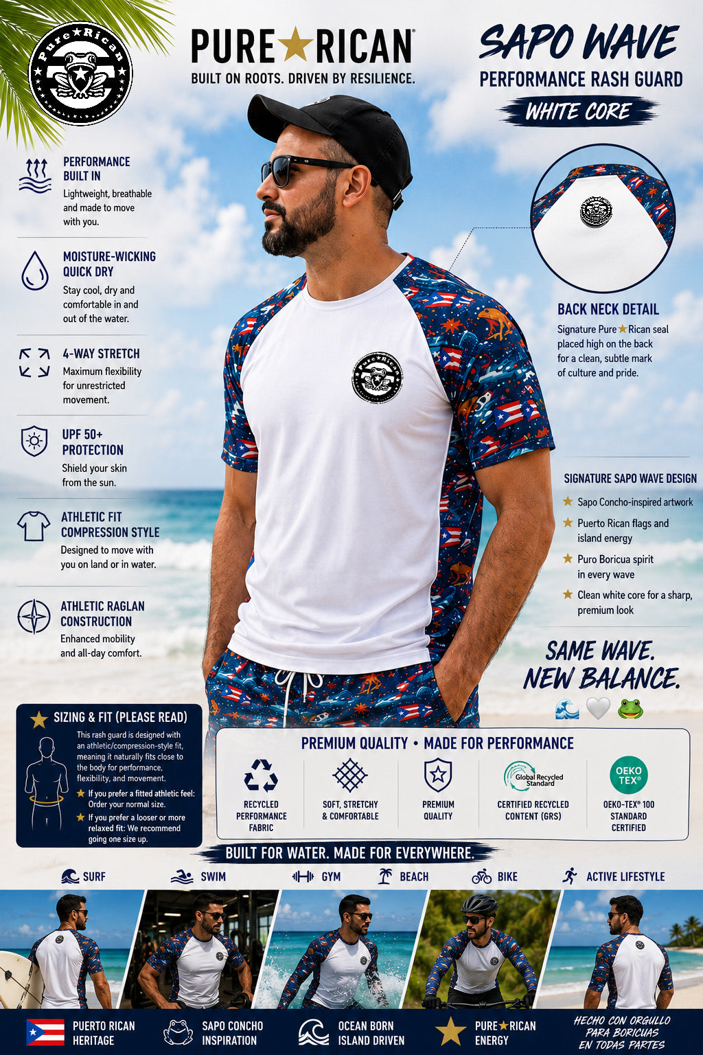 Lifestyle image of a male model wearing the Pure⭐️Rican Sapo Wave White Core Rash Guard at the beach featuring front chest logo, Puerto Rican-inspired Sapo Wave sleeves, breathable athletic fit, premium activewear style, and performance beachwear design.