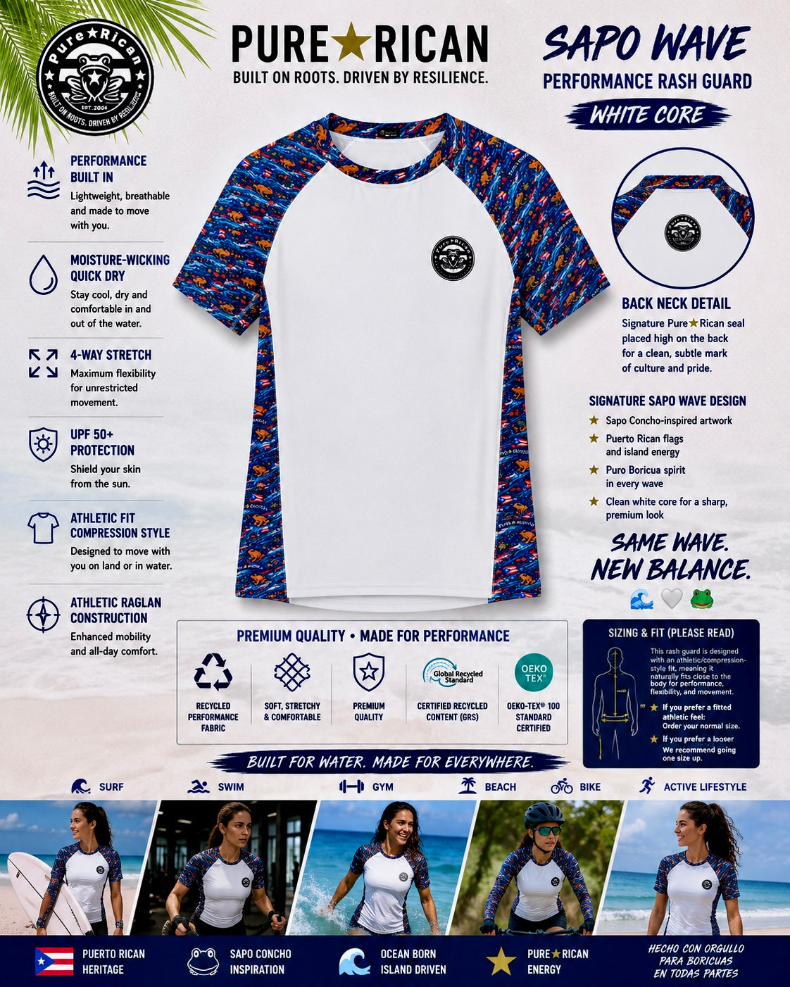 Pure⭐️Rican Sapo Wave Performance Rash Guard White Core front view featuring signature Sapo Wave sleeves, Sapo Concho chest seal, Puerto Rican-inspired artwork, UPF 50+ protection, quick-dry athletic fabric, and performance feature infographic.