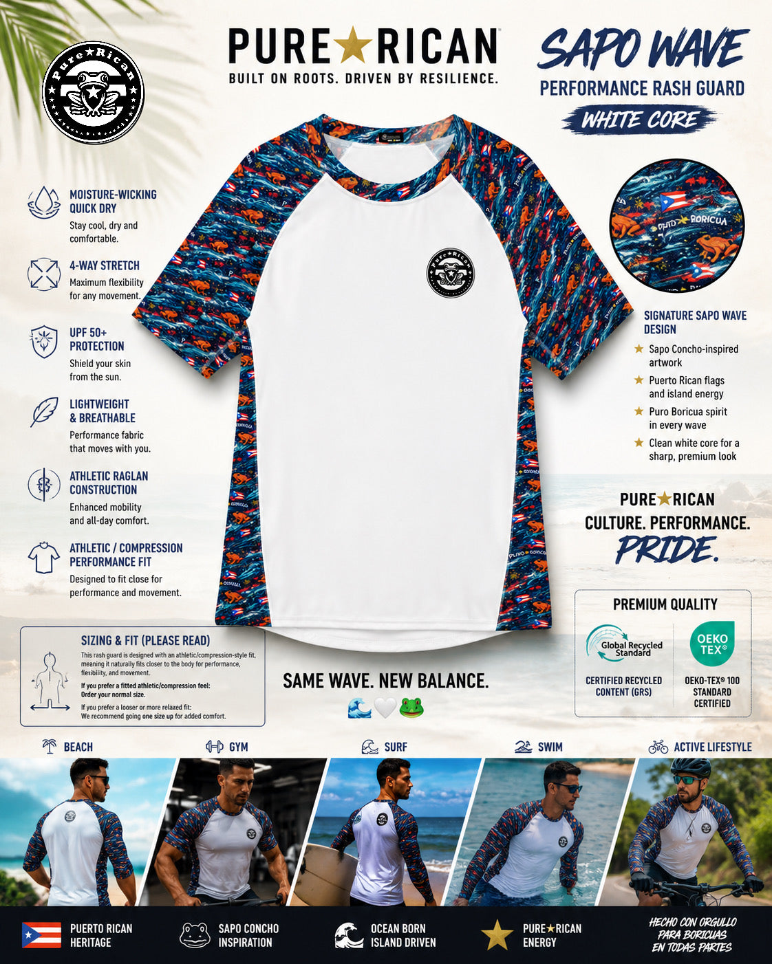 Front-view promotional image of the Pure⭐️Rican Sapo Wave White Core Performance Rash Guard featuring Puerto Rican-inspired wave sleeves, moisture-wicking fabric, UPF 50+ protection, 4-way stretch, athletic compression fit, and premium performance details for beach, gym, surfing, swimming, and active lifestyles.