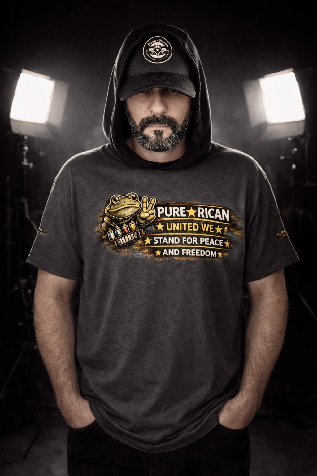 Pure⭐️Rican Stand For Peace graphic t-shirt worn by model featuring Sapo Concho mascot and unity message.