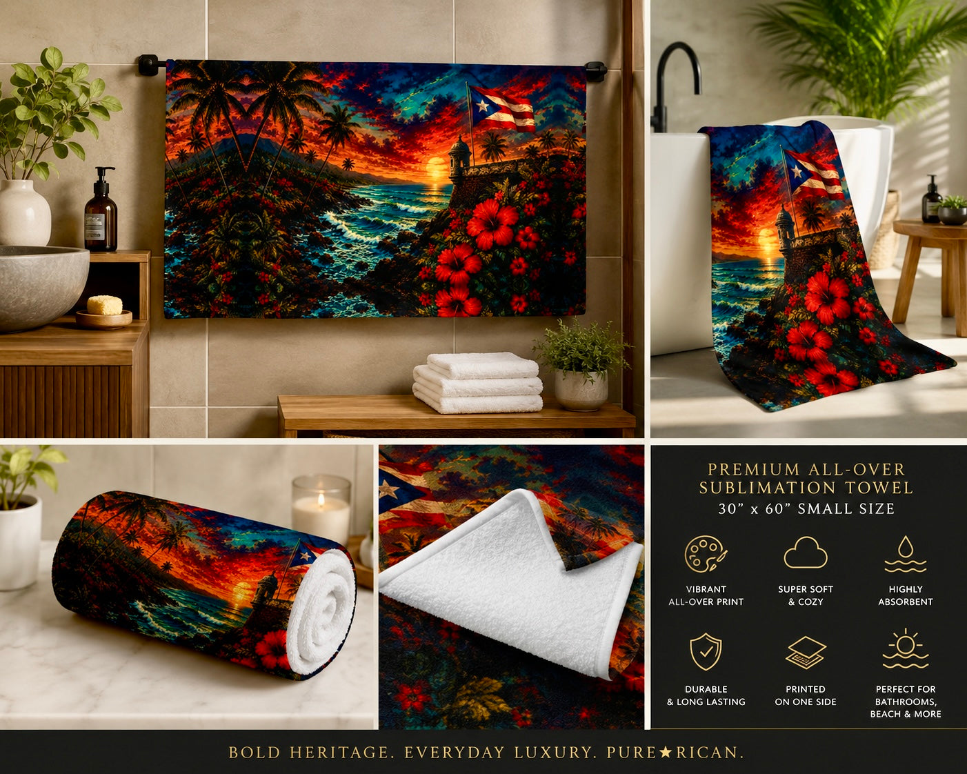 Pure⭐️Rican tropical sunset towel with Puerto Rican flag, palm trees, ocean waves, hibiscus flowers, and vibrant all-over island artwork. 