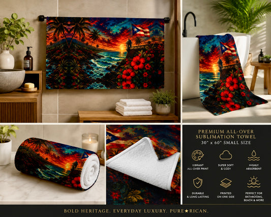 Pure⭐️Rican tropical sunset towel with Puerto Rican flag, palm trees, ocean waves, hibiscus flowers, and vibrant all-over island artwork. 