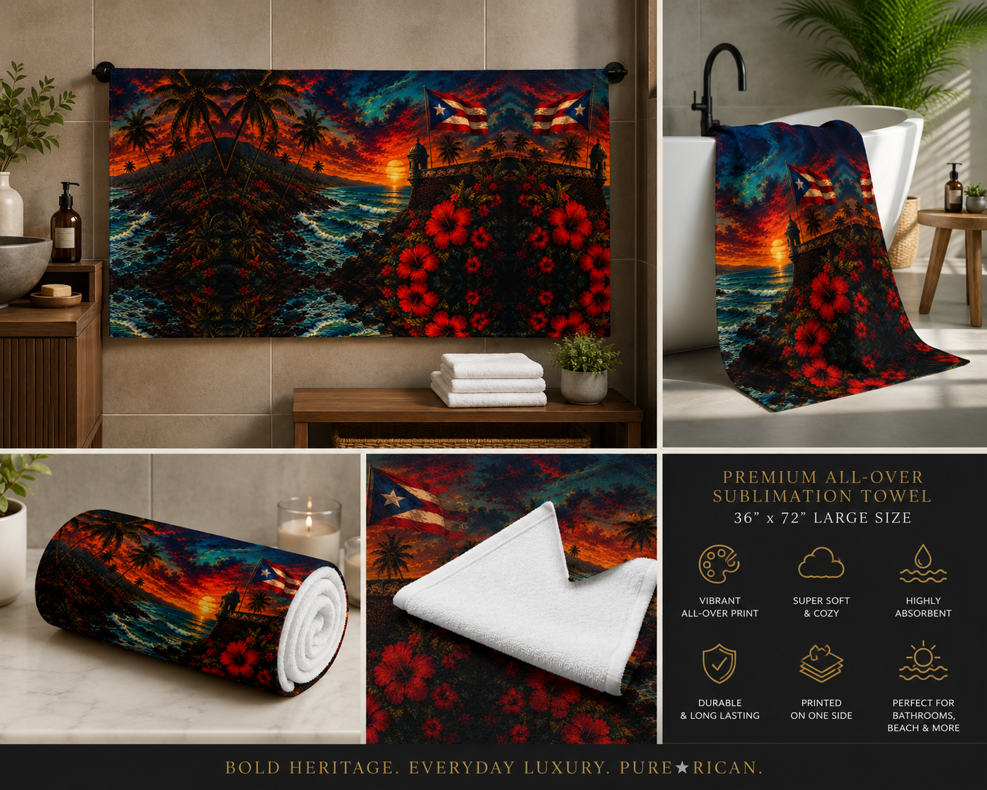 Shop the Pure⭐️Rican Tropical Sunset all-over sublimation towel featuring Puerto Rican-inspired island artwork. Available in small and large sizes.