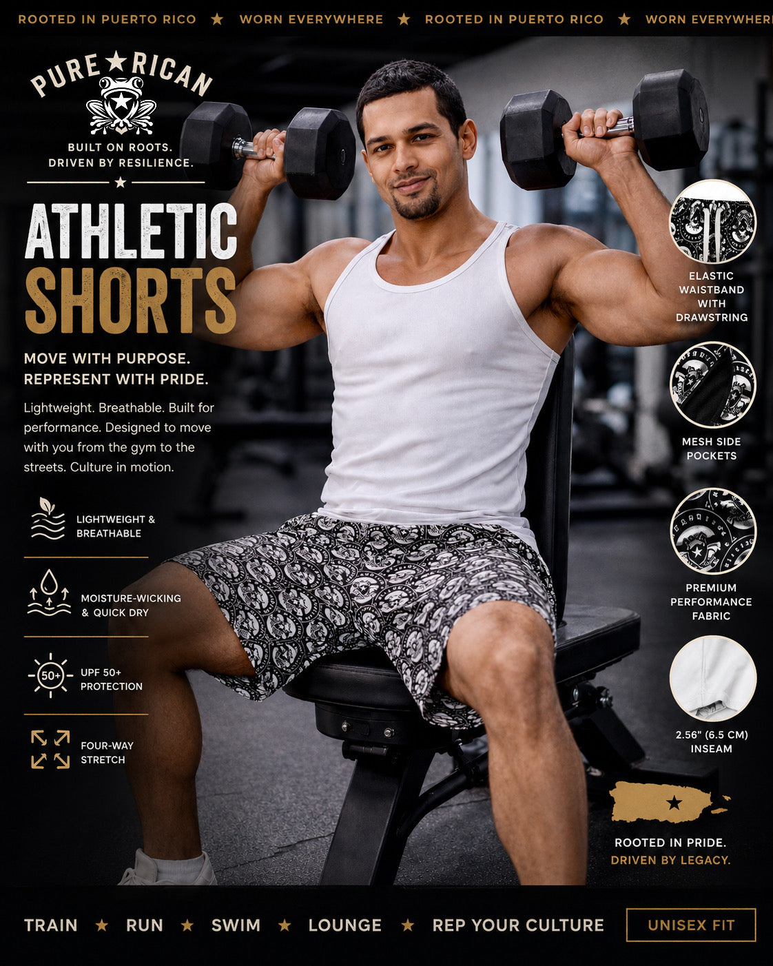 Male fitness model wearing Pure⭐️Rican unisex athletic shorts during a gym workout while lifting dumbbells. Premium lifestyle promotional image featuring black-and-white all-over logo athletic shorts designed for training, running, lounging, swimming, and Puerto Rican-inspired performance streetwear.