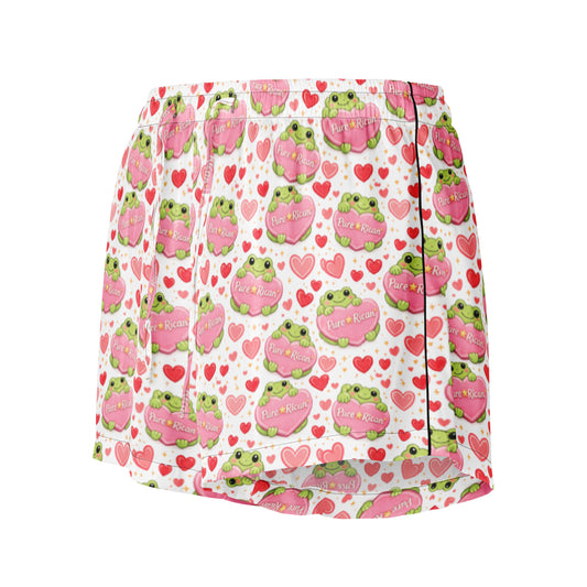 Pure⭐️Rican Valentine Sapo satin pajama shorts in white satin, front view with heart and frog pattern