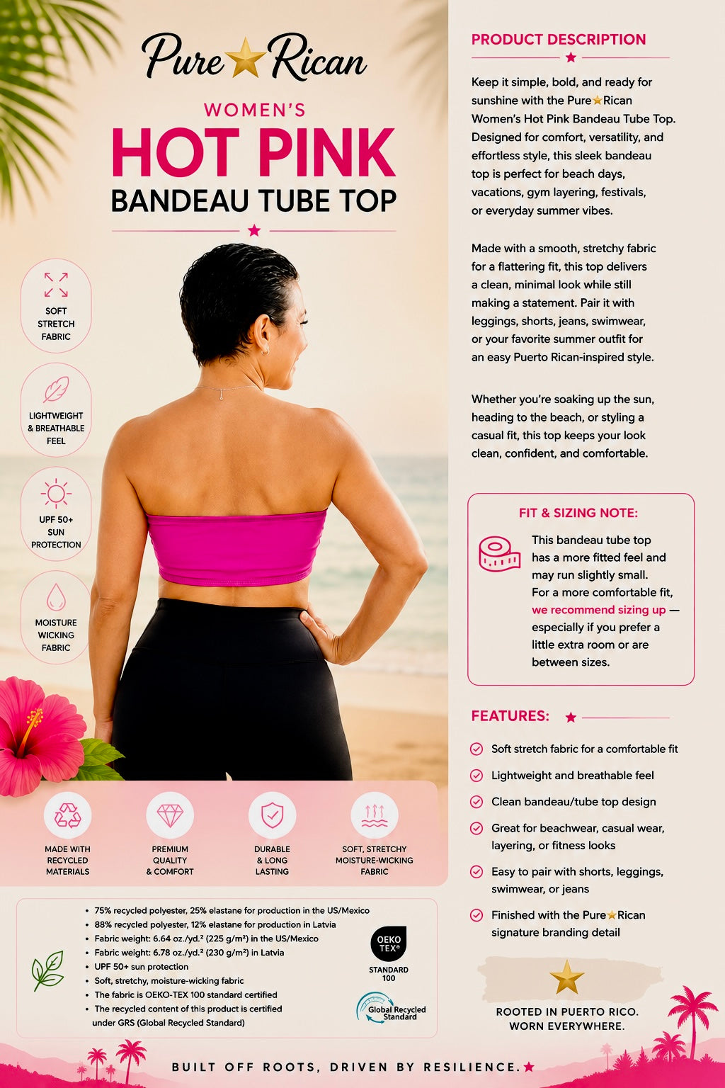 Back view of woman wearing the Pure⭐️Rican Women’s Hot Pink Bandeau Tube Top in vibrant hot pink with black leggings in a beach-inspired lifestyle setting. Stretch bandeau crop top featuring a clean minimalist design for summer, beachwear, workouts, and casual fashion.