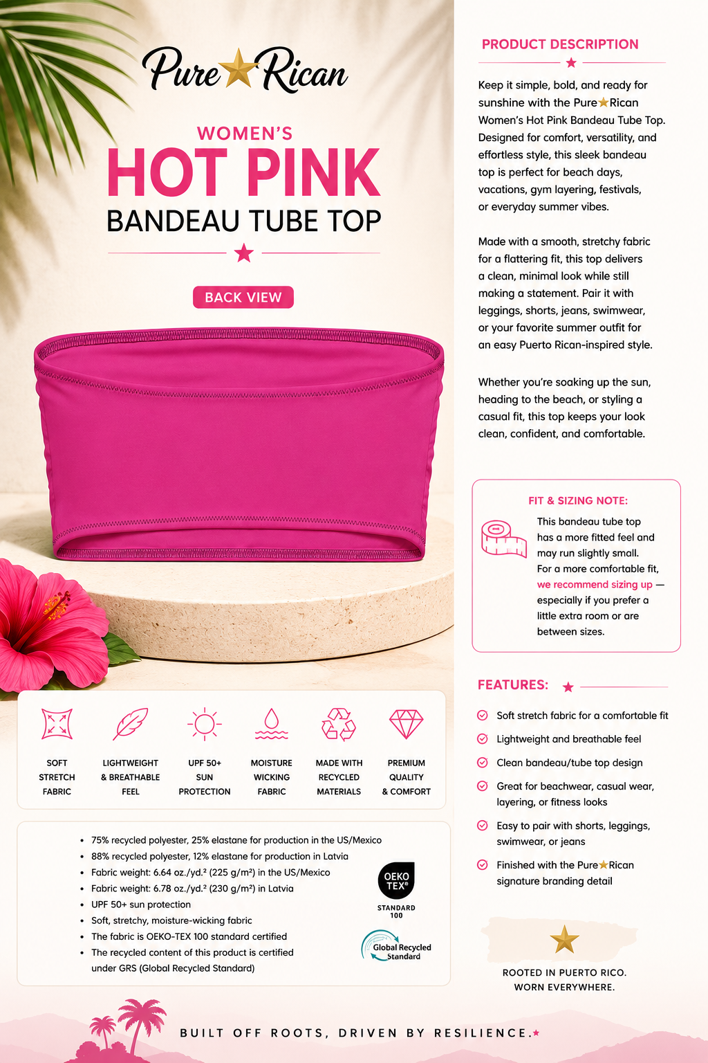Back view of the Pure⭐️Rican Women’s Hot Pink Bandeau Tube Top in hot pink featuring a complementary product information layout with fit and sizing details, lightweight breathable fabric, moisture-wicking material, and beachwear styling.