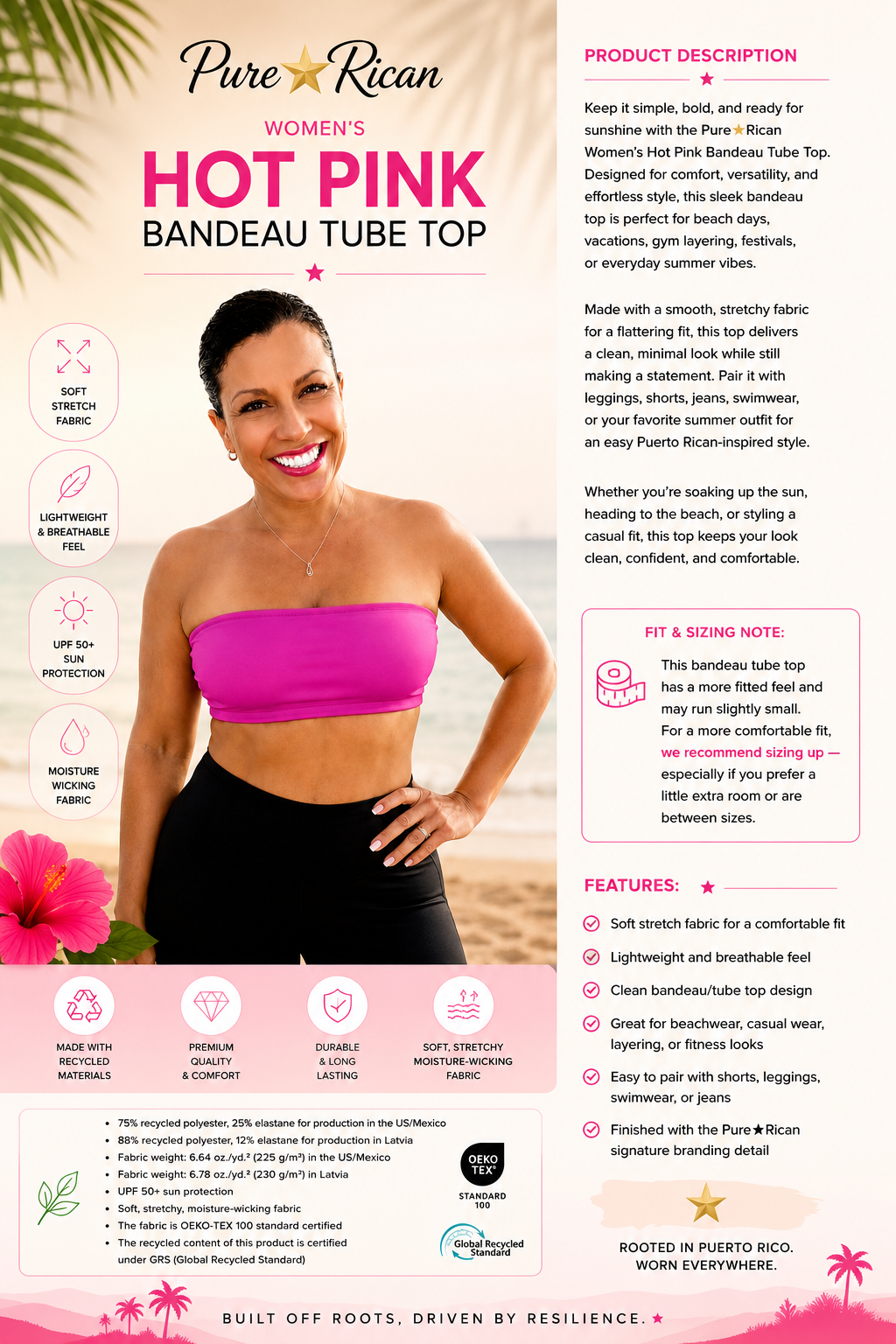 Smiling woman modeling the Pure⭐️Rican Women’s Hot Pink Bandeau Tube Top in hot pink paired with black leggings in a tropical beach-inspired lifestyle image. Comfortable bandeau crop top for beachwear, summer outfits, gym layering, and casual Puerto Rican-inspired fashion.