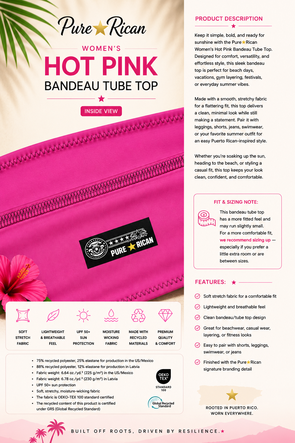 Close-up inside detail view of the Pure⭐️Rican Women’s Hot Pink Bandeau Tube Top featuring interior stitching and signature Pure⭐️Rican branding label with complementary product description highlighting premium fabric, comfort, and recycled material construction.