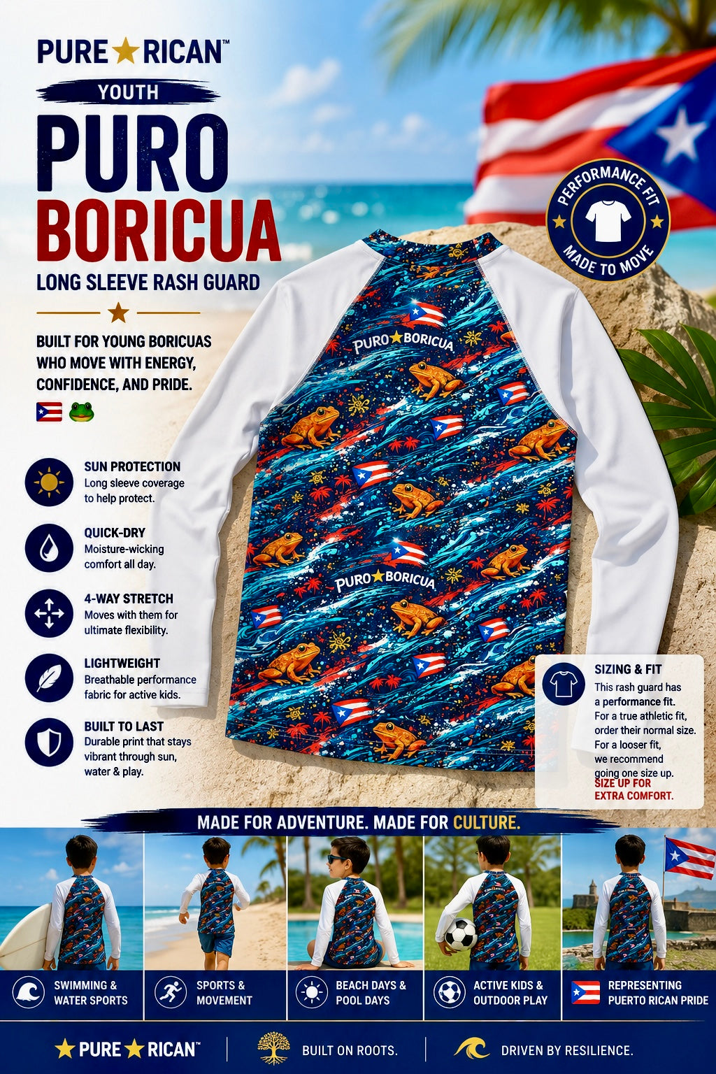 Back view of the Pure⭐️Rican Youth Puro Boricua Long Sleeve Rash Guard displayed in a tropical beach product promo layout featuring Puerto Rican flag elements, performance fit details, and youth lifestyle imagery.