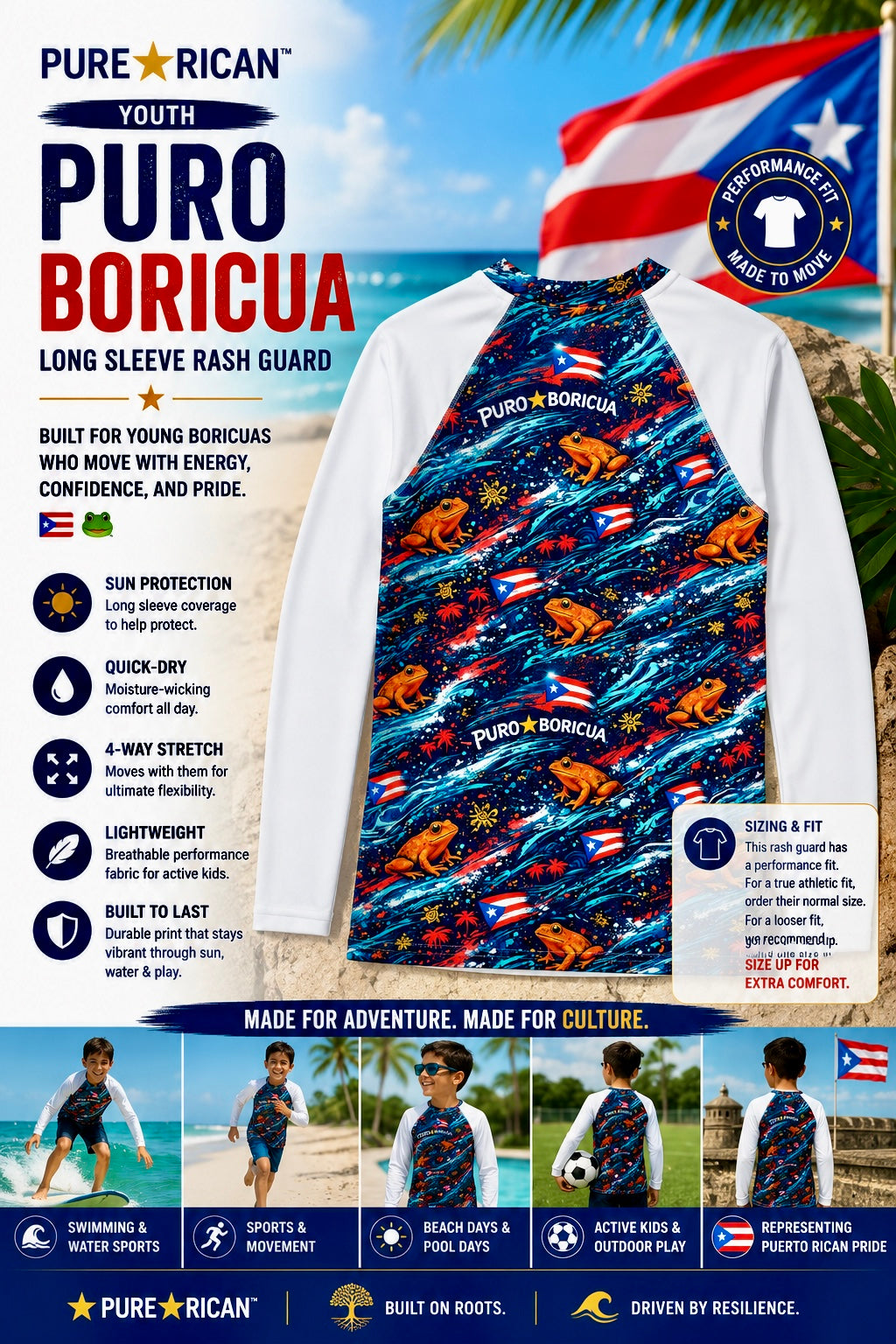 Back view of the Pure⭐️Rican Youth Puro Boricua Long Sleeve Rash Guard displayed in a tropical beach product promo layout featuring Puerto Rican flag elements, performance fit details, and youth lifestyle imagery.