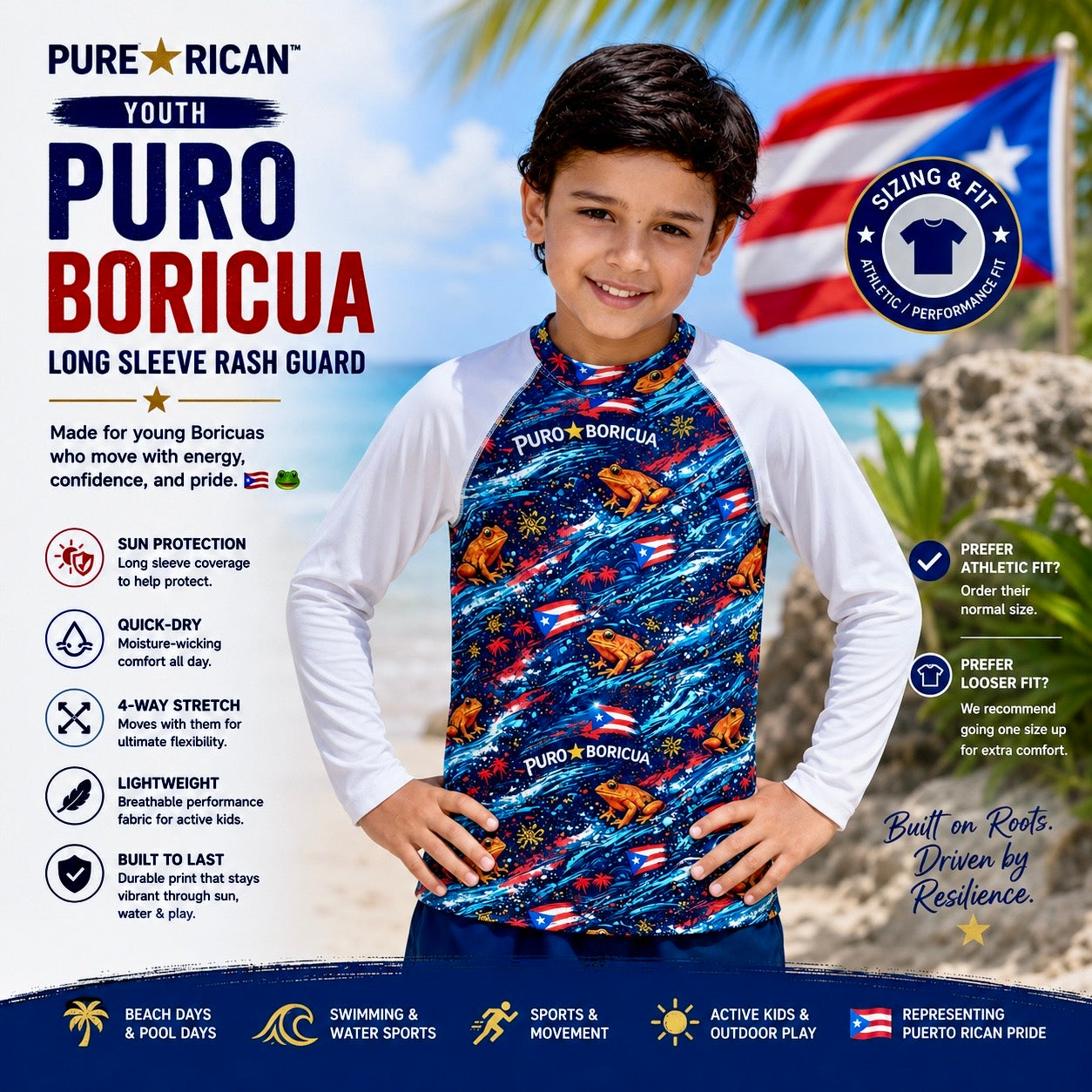 Young boy wearing the Pure⭐️Rican Youth Puro Boricua Long Sleeve Rash Guard standing at the beach with Puerto Rican flag backdrop and detailed performance rash guard feature highlights.