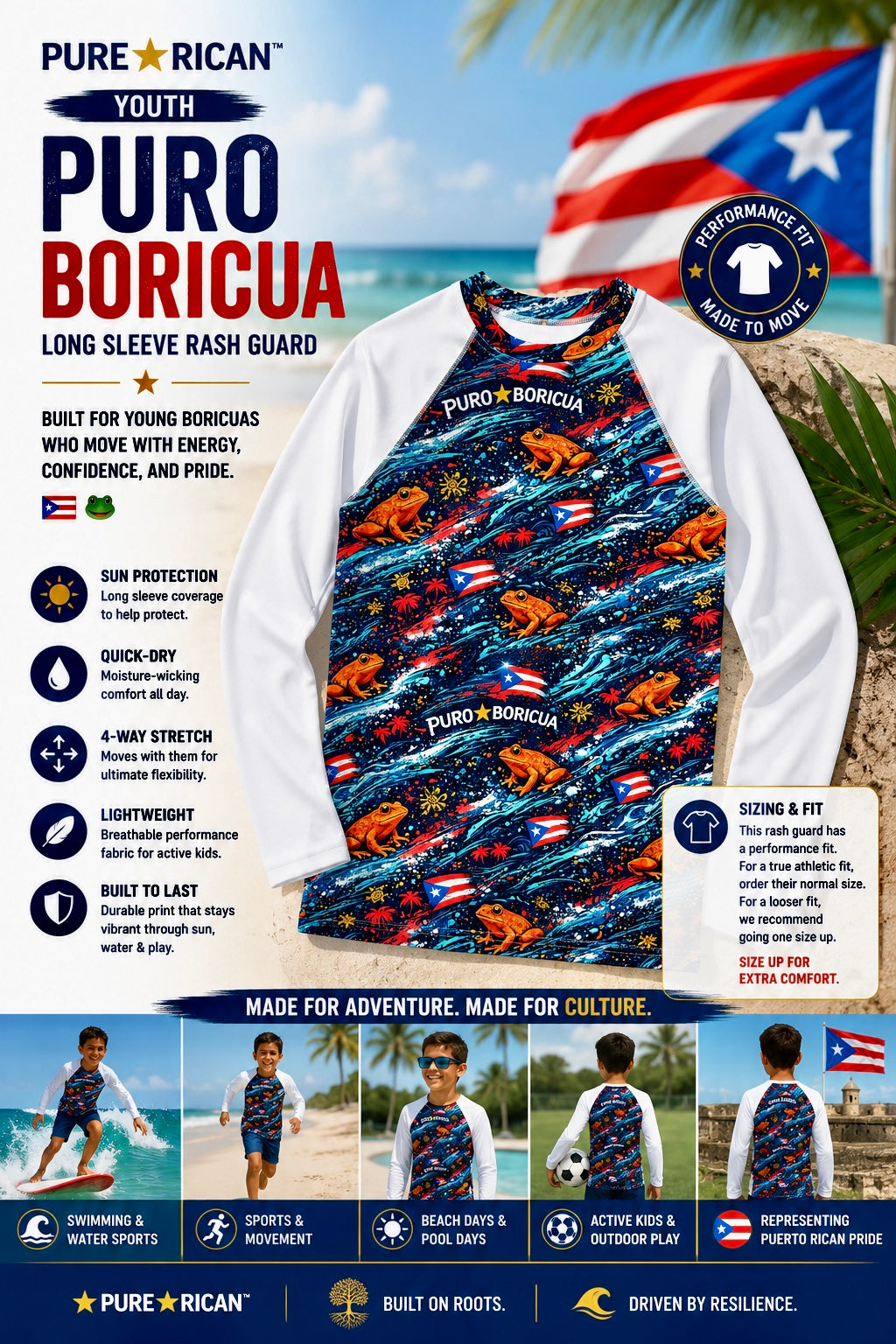 Front flat-lay product promo of the Pure⭐️Rican Youth Puro Boricua Long Sleeve Rash Guard featuring ocean wave artwork, Sapo Concho-inspired frog graphics, Puerto Rican flags, and youth performance features.