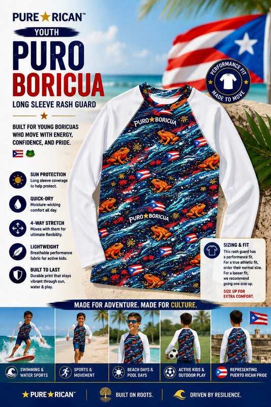 Front flat-lay product promo of the Pure⭐️Rican Youth Puro Boricua Long Sleeve Rash Guard featuring ocean wave artwork, Sapo Concho-inspired frog graphics, Puerto Rican flags, and youth performance features.