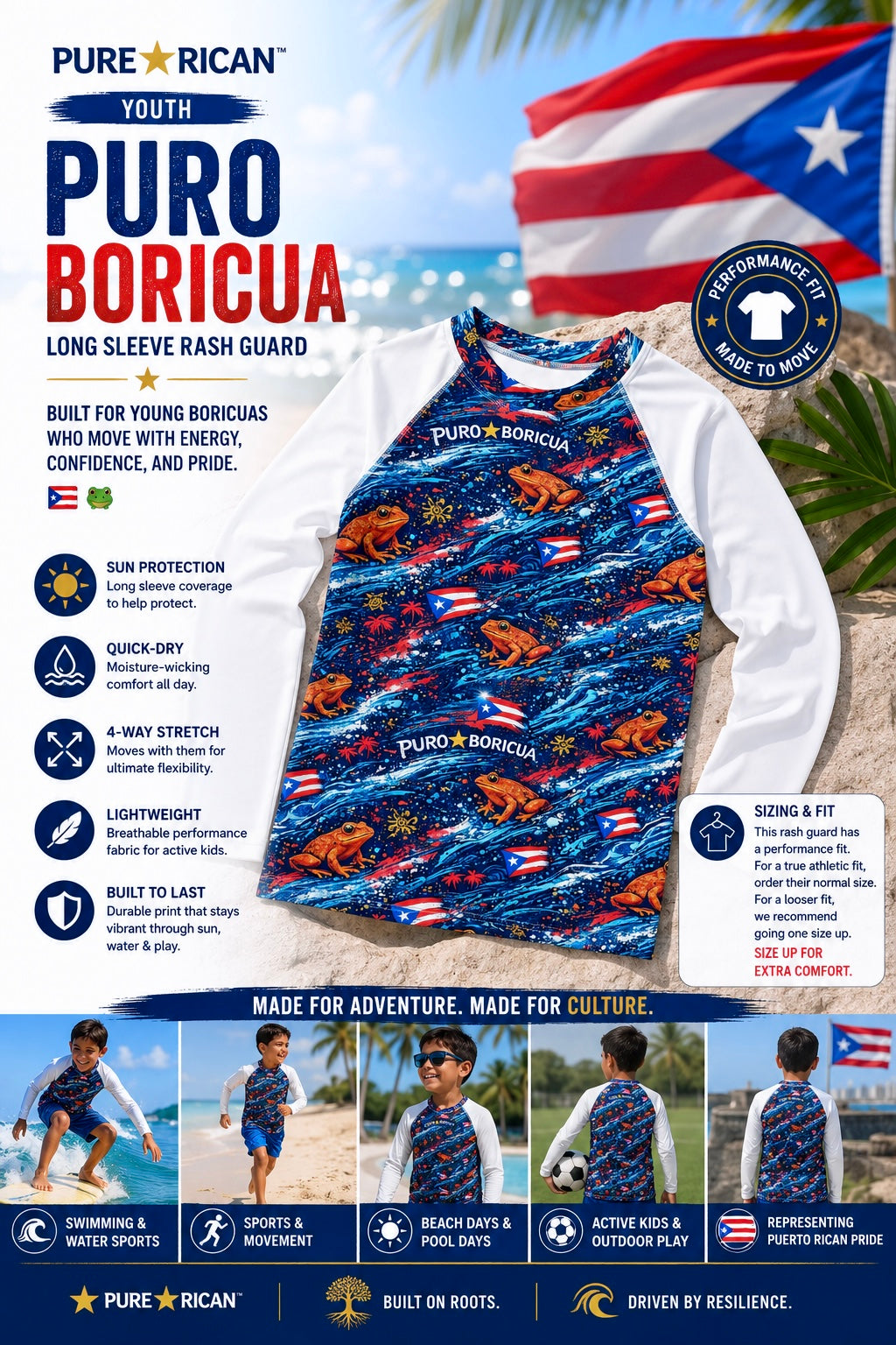 Front flat-lay product promo of the Pure⭐️Rican Youth Puro Boricua Long Sleeve Rash Guard featuring ocean wave artwork, Sapo Concho-inspired frog graphics, Puerto Rican flags, and youth performance features.