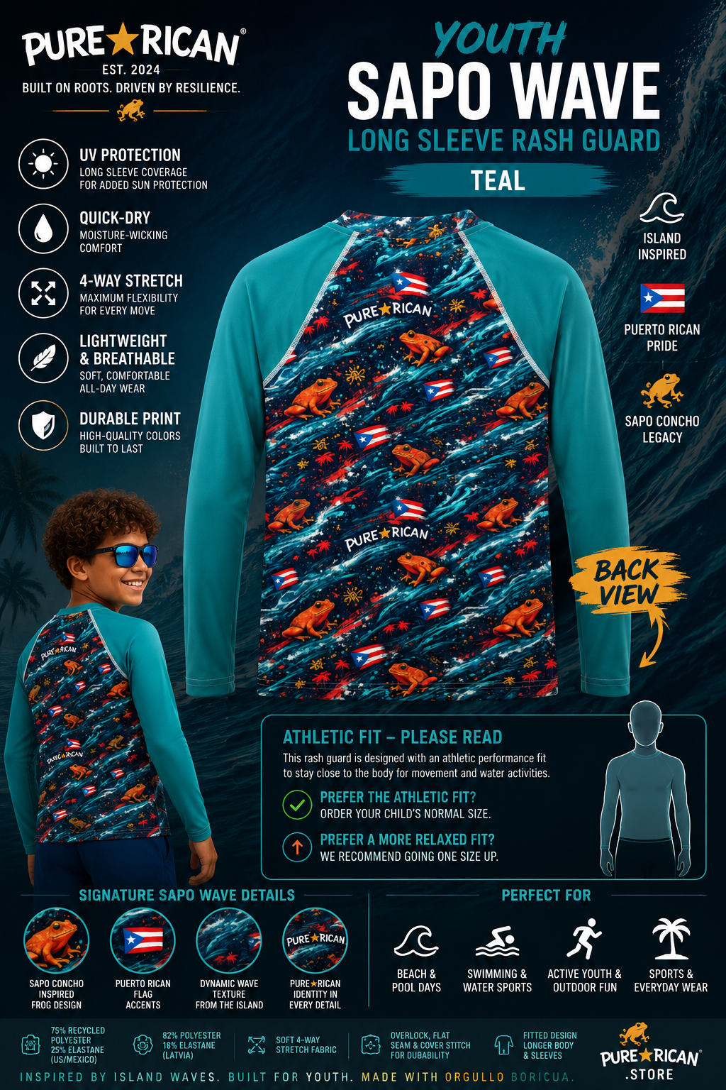 Lifestyle promotional image showing the back view of a youth model wearing the Pure⭐️Rican Youth Sapo Wave Long Sleeve Rash Guard in teal featuring full Sapo Wave artwork, Puerto Rican pride details, ocean-inspired textures, and premium performance highlights.