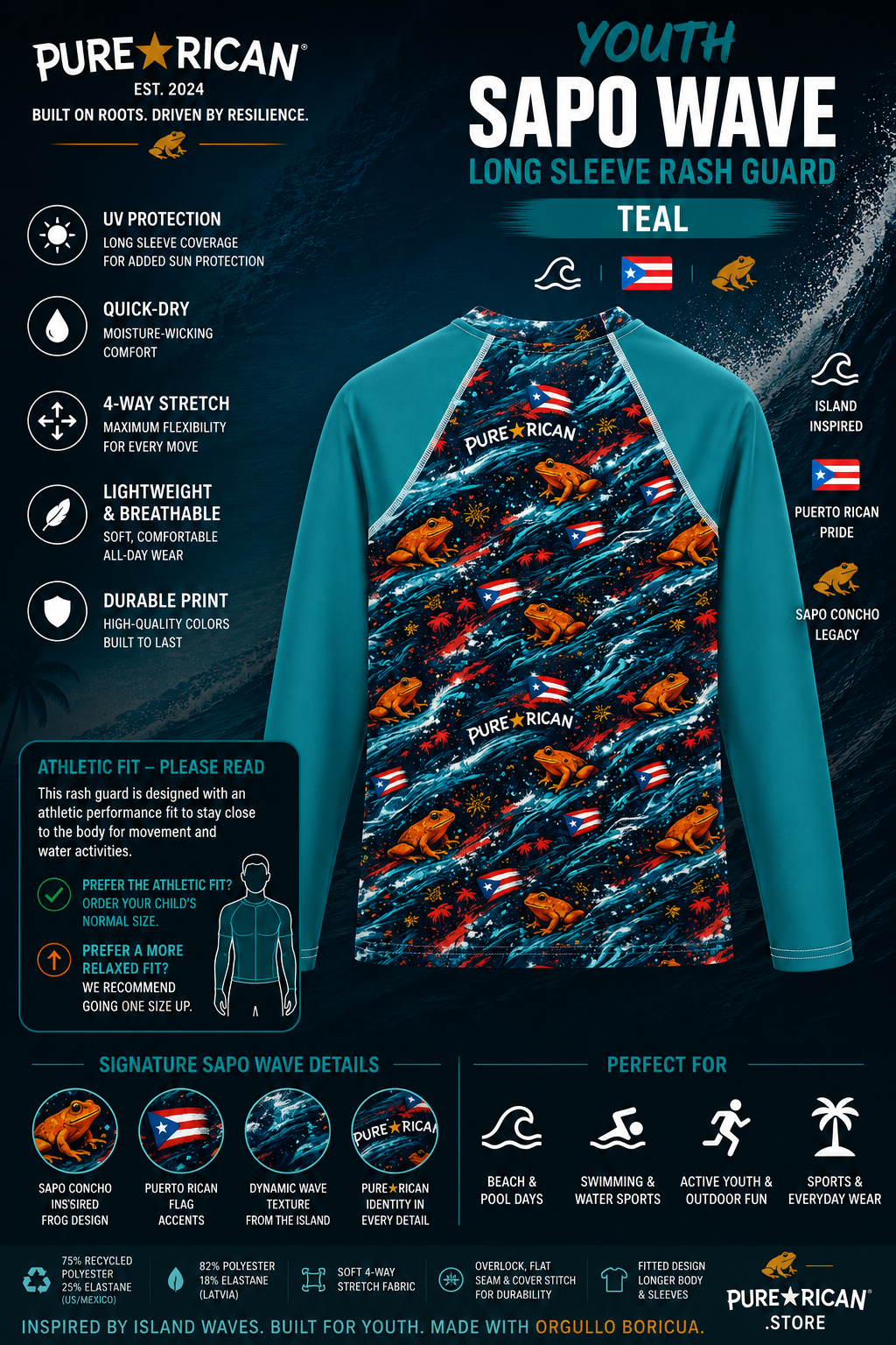 Premium back-view promotional image of the Pure⭐️Rican Youth Sapo Wave Long Sleeve Rash Guard in teal showcasing the full Sapo Wave pattern, Puerto Rican flag accents, island-inspired details, performance features, and youth athletic fit information.