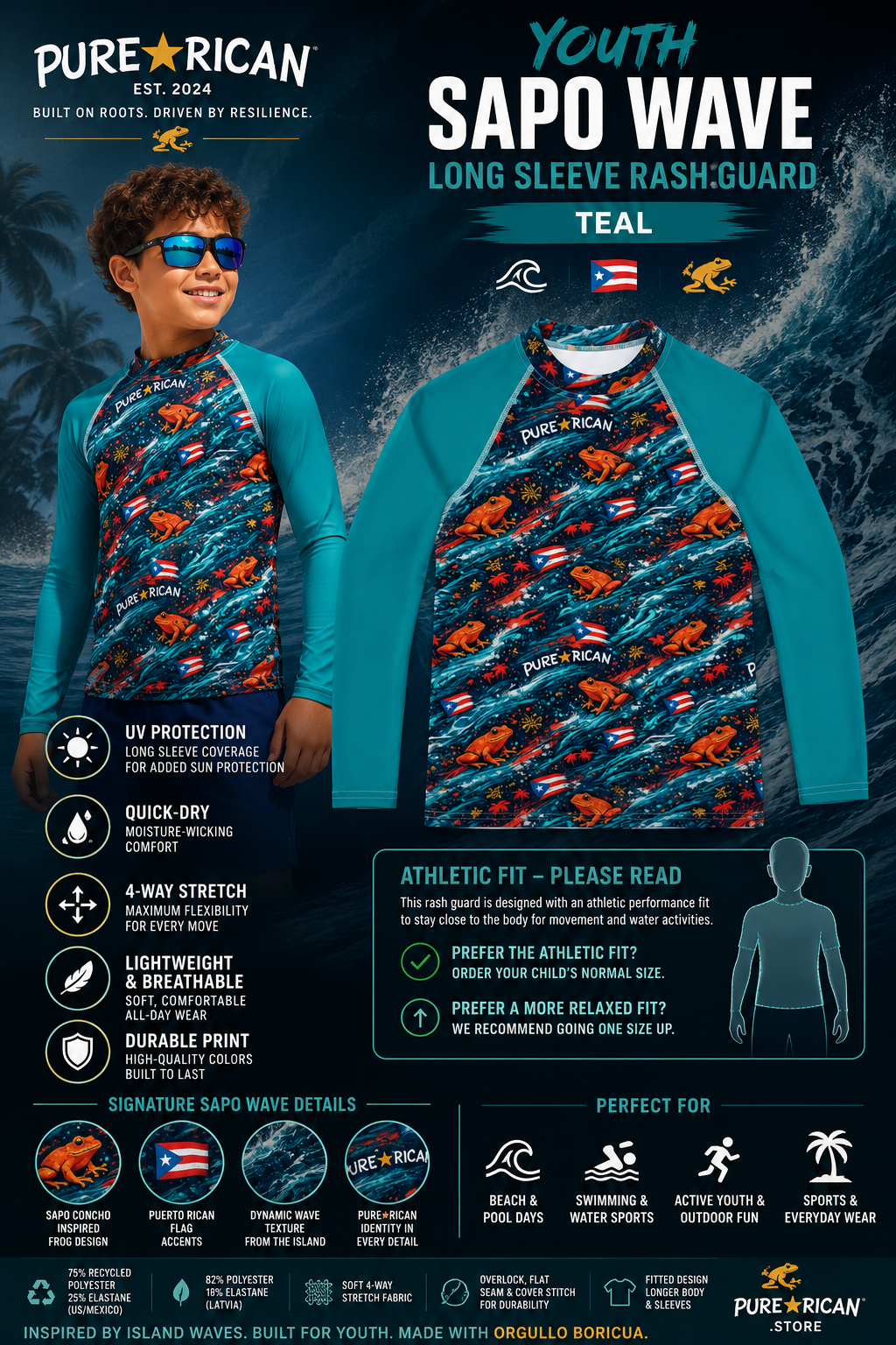 Lifestyle promotional image featuring a youth model wearing the Pure⭐️Rican Youth Sapo Wave Long Sleeve Rash Guard in teal with tropical ocean background, Puerto Rican-inspired details, Sapo Concho artwork, and premium performance feature highlights.